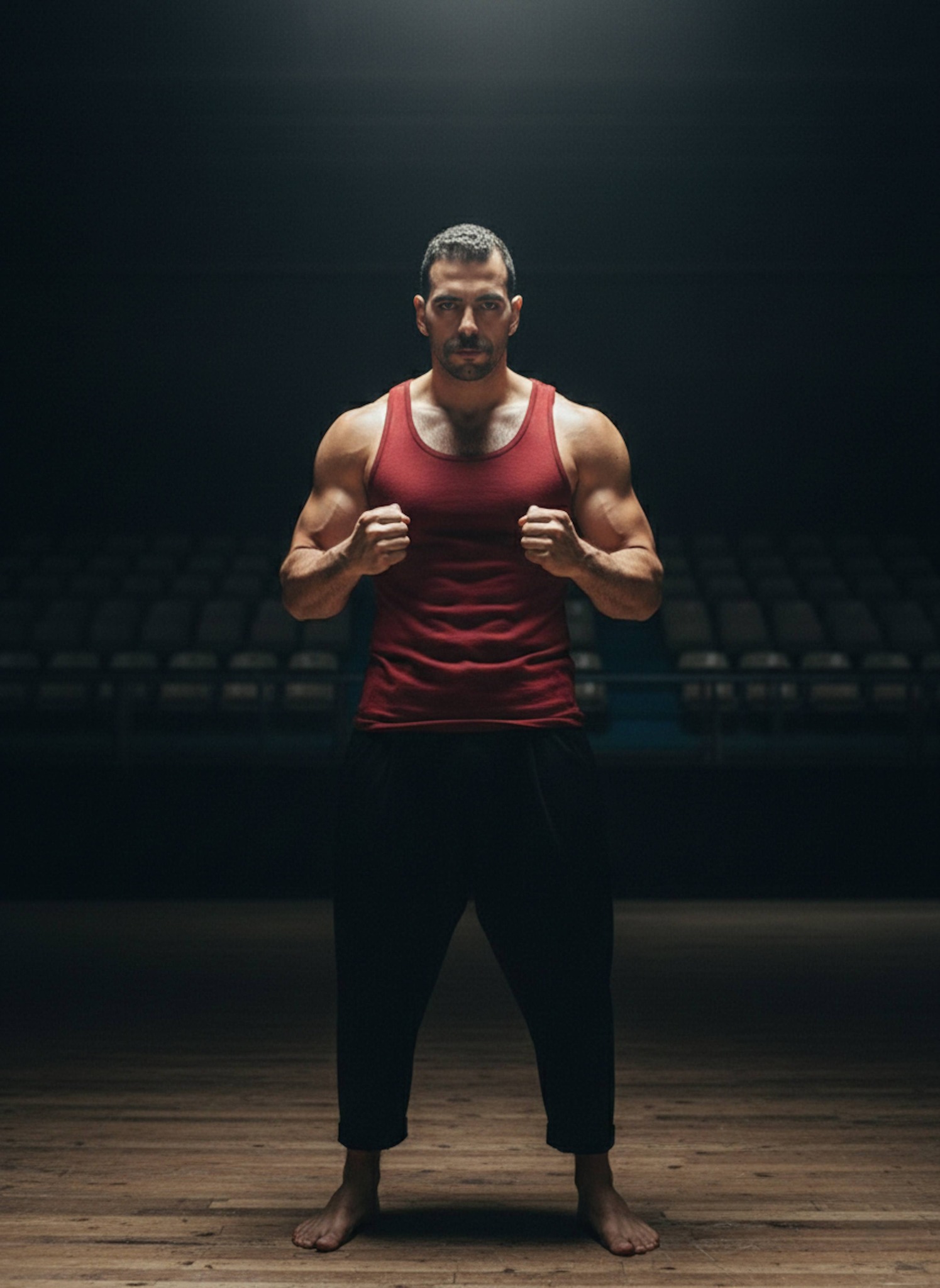 Person in red fight tank with fists raised in spotlight of Baki arena before fight