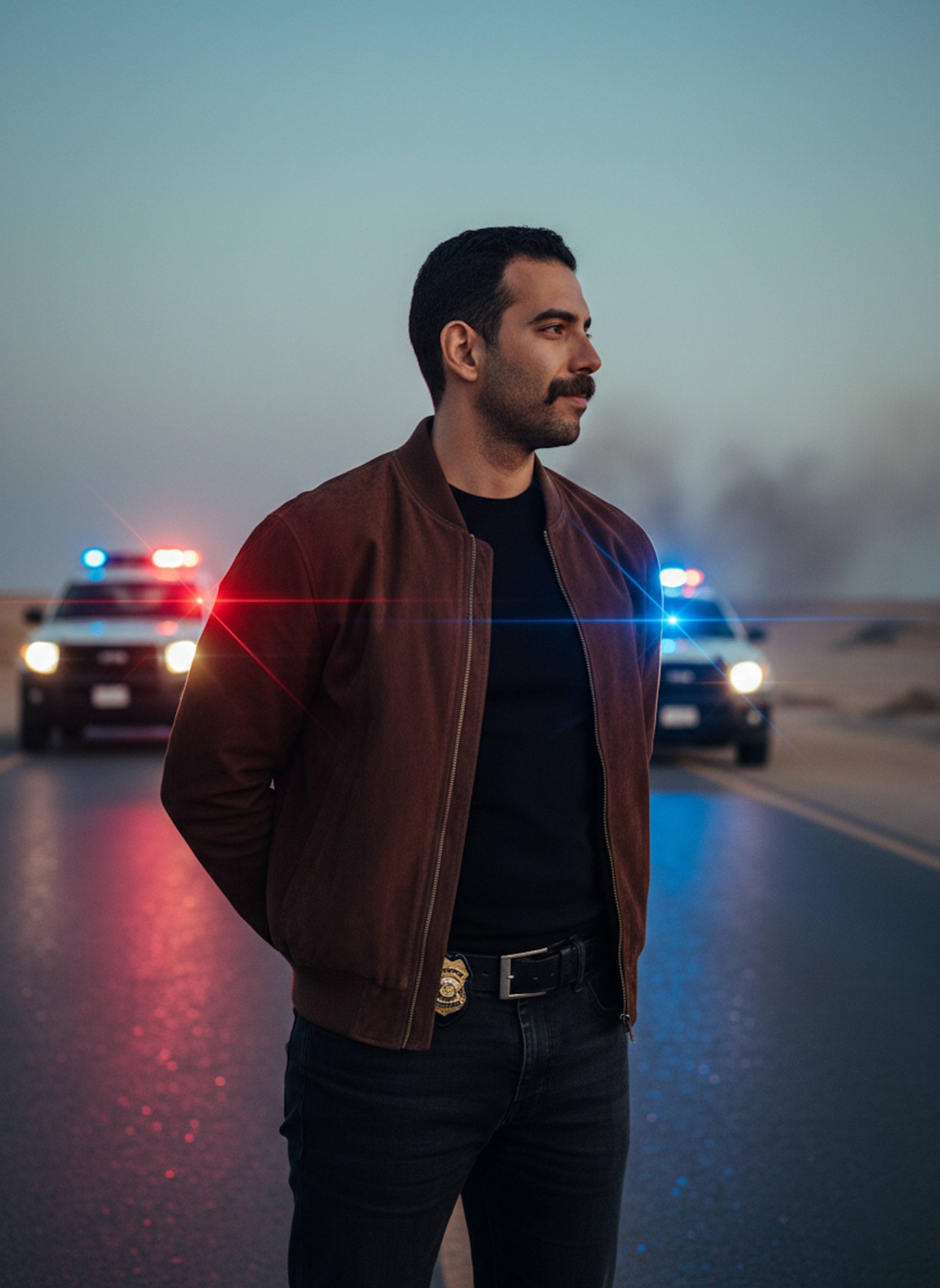 Silhouette of officer in suede bomber jacket before flashing police lights on desert road