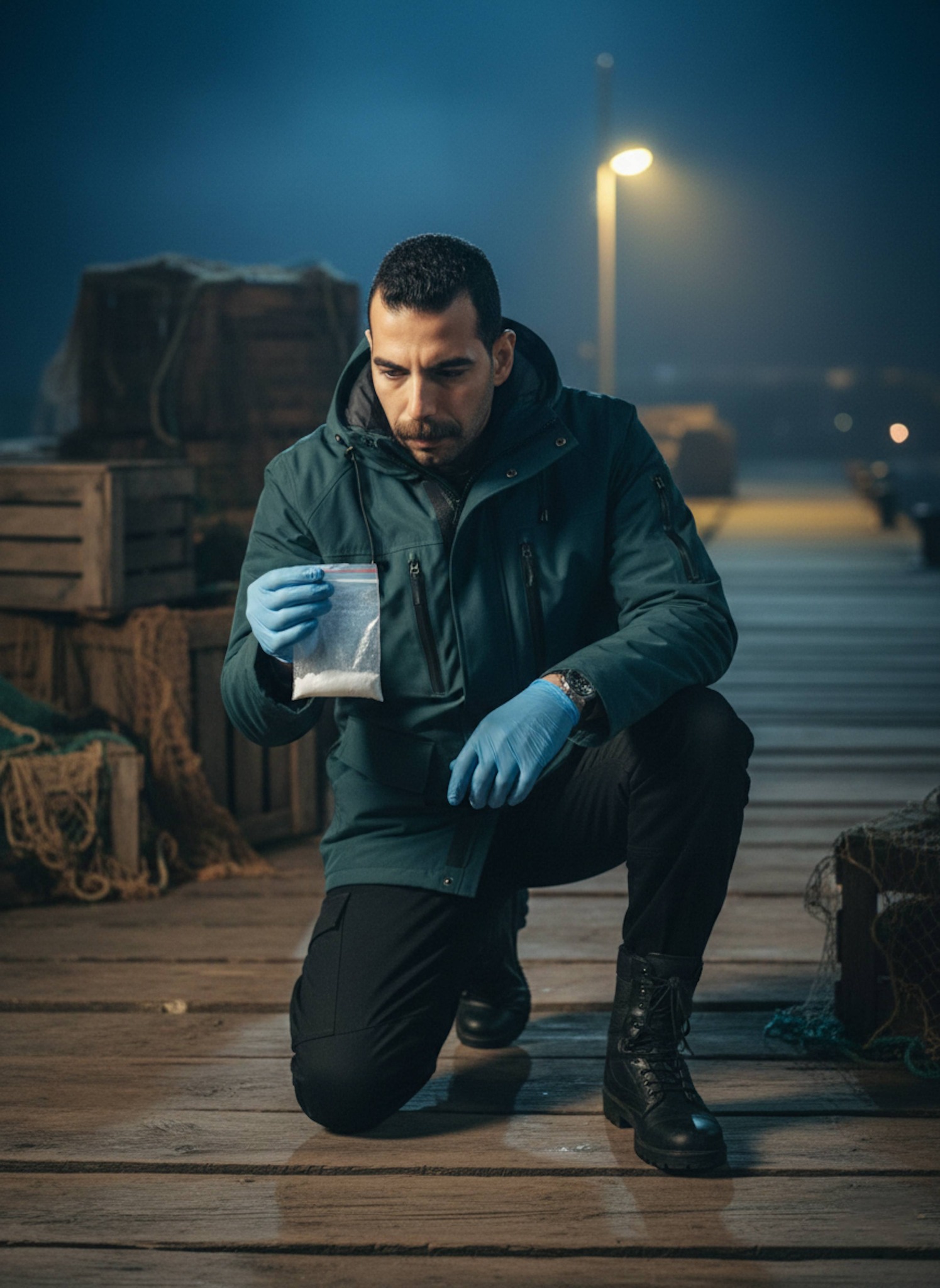 High-angle shot of officer examining evidence at a moonlit crime scene
