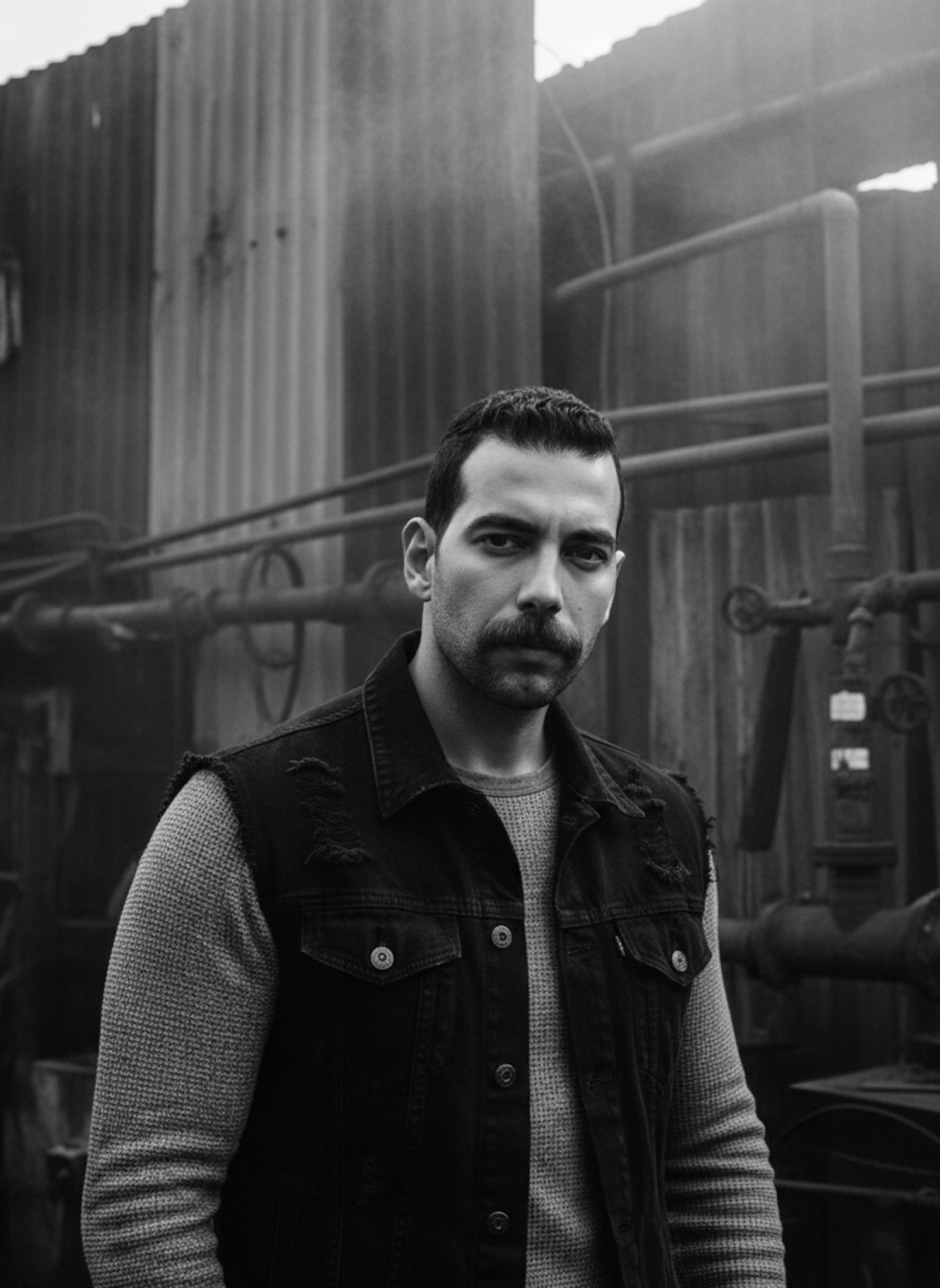 Person in a distressed black denim vest turning sharply toward the camera in an industrial setting with rusted metal and harsh kick lighting