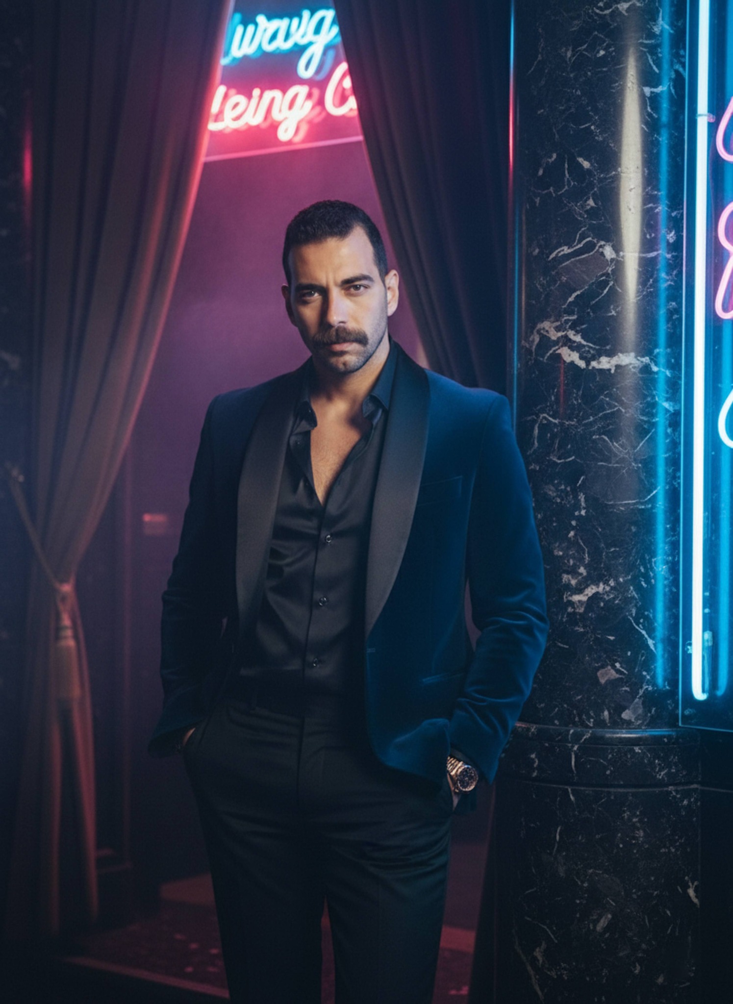 Undercover officer at entrance of high-end underground club with neon lighting