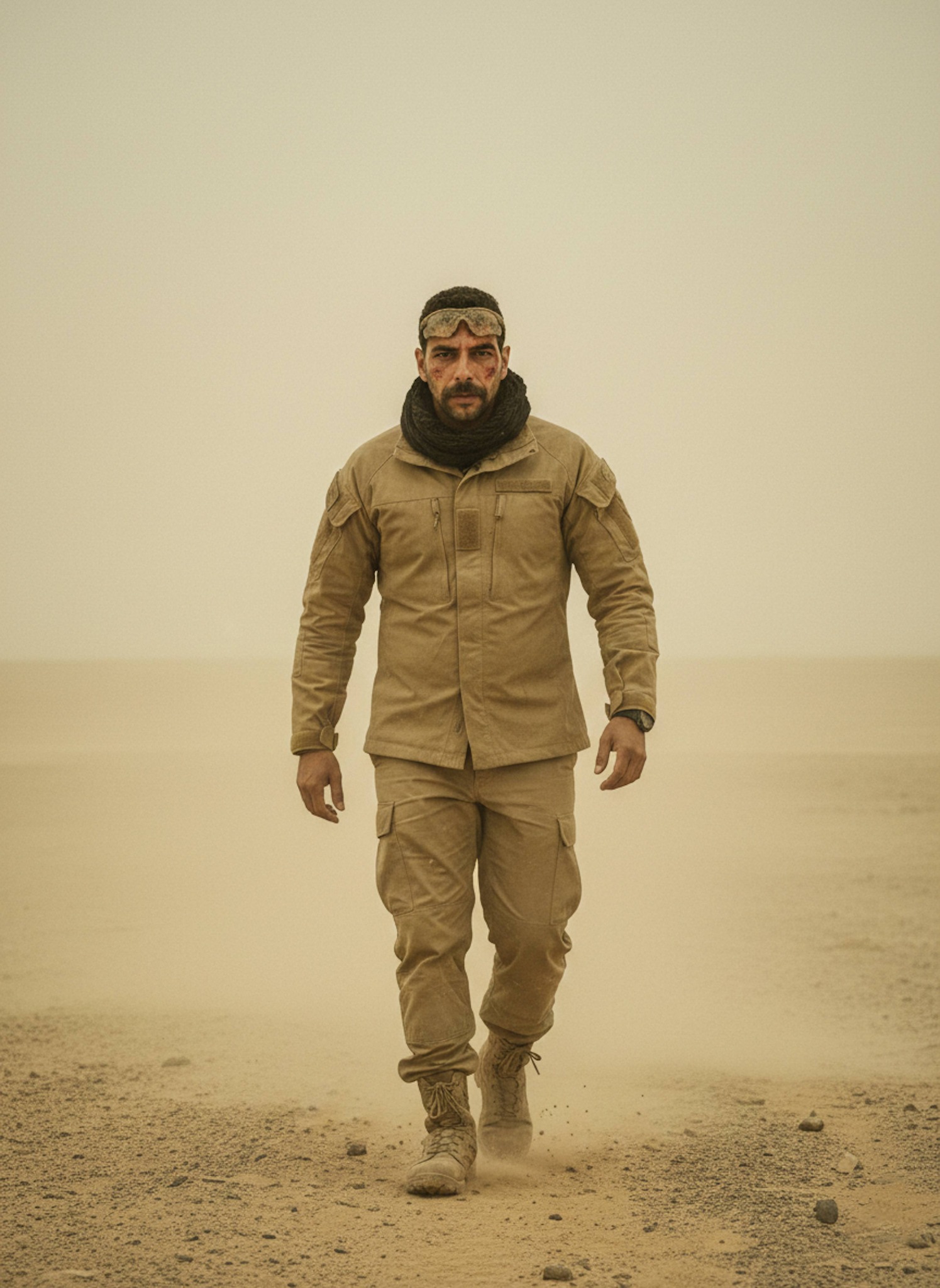 Officer in tan tactical jacket walking through desert sandstorm with reduced visibility