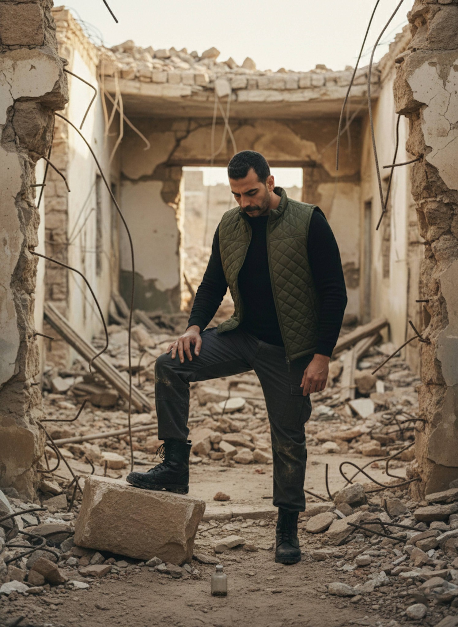 Officer standing among crumbling building ruins with dramatic light through broken walls