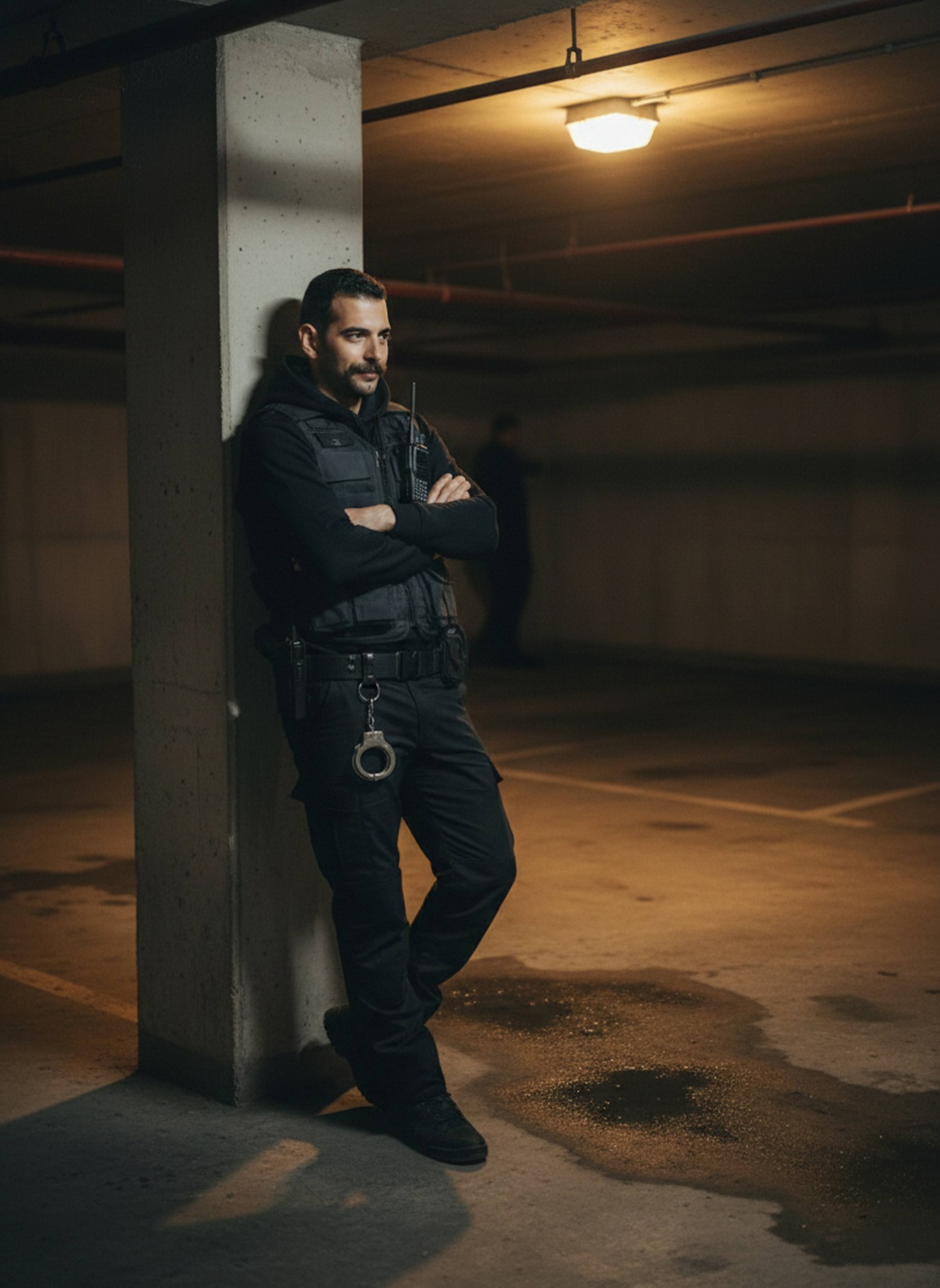 Officer in tactical hoodie meeting informant in damp underground parking garage