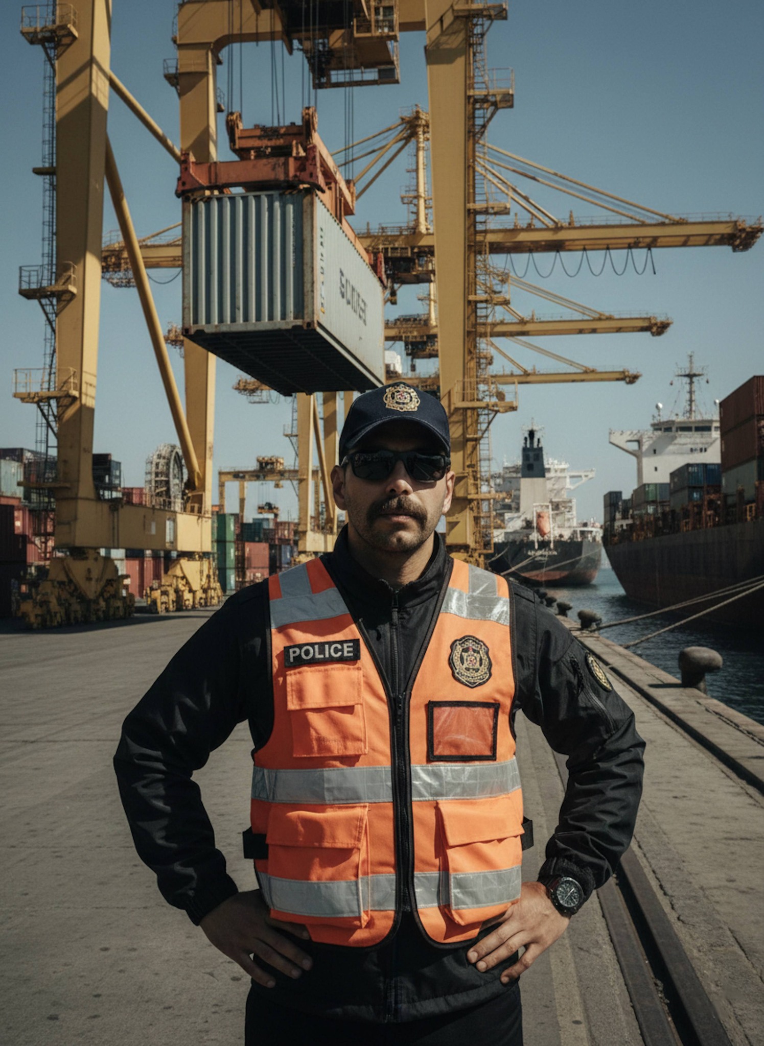 Officer in high-vis vest and cap surveilling ships at industrial port docks with cranes