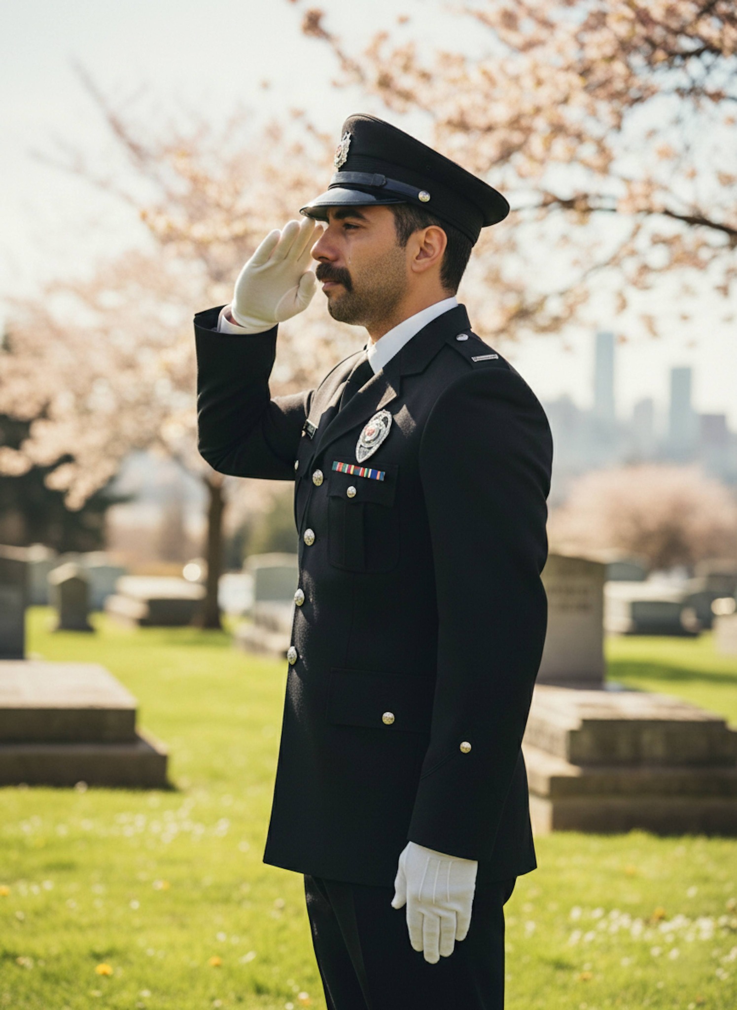 Officer in formal black police dress uniform saluting at sun-drenched cemetery