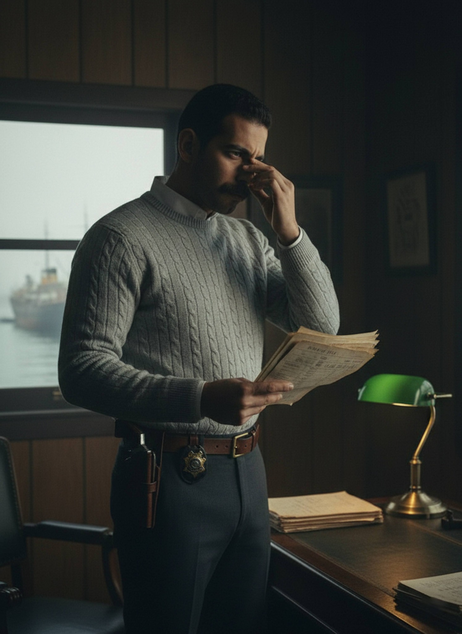 Detective in gray sweater examining shipping manifest in dim wood-paneled harbor office