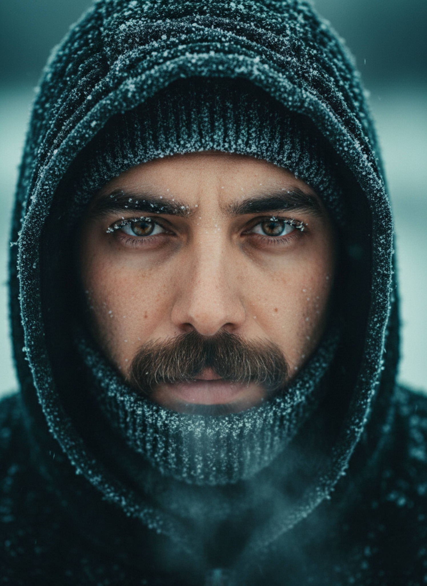 Extreme close-up of face with frost on eyelashes and visible breath in winter cold