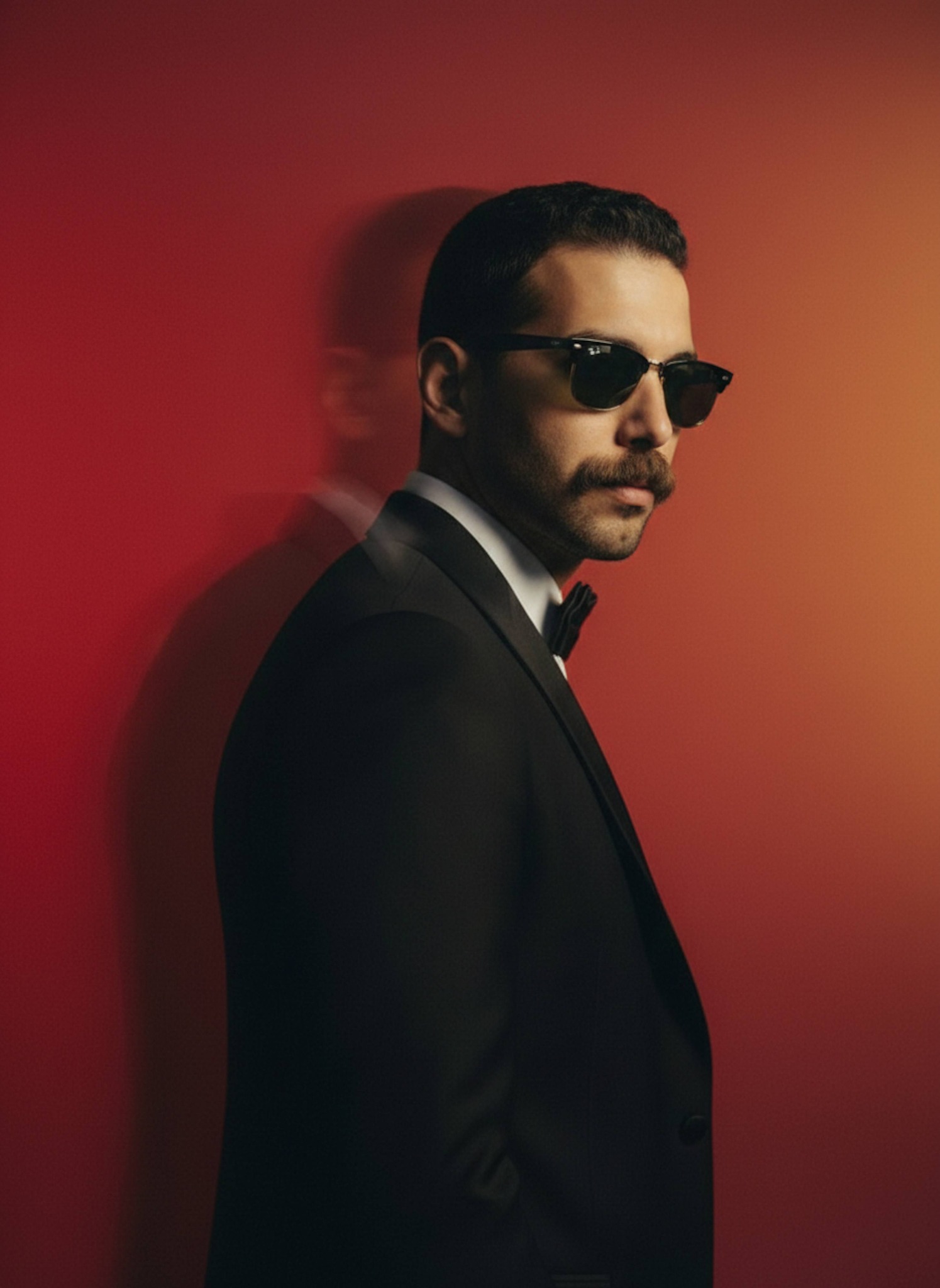 Fashion portrait with horizontal motion blur and Ray-Ban sunglasses catching studio light