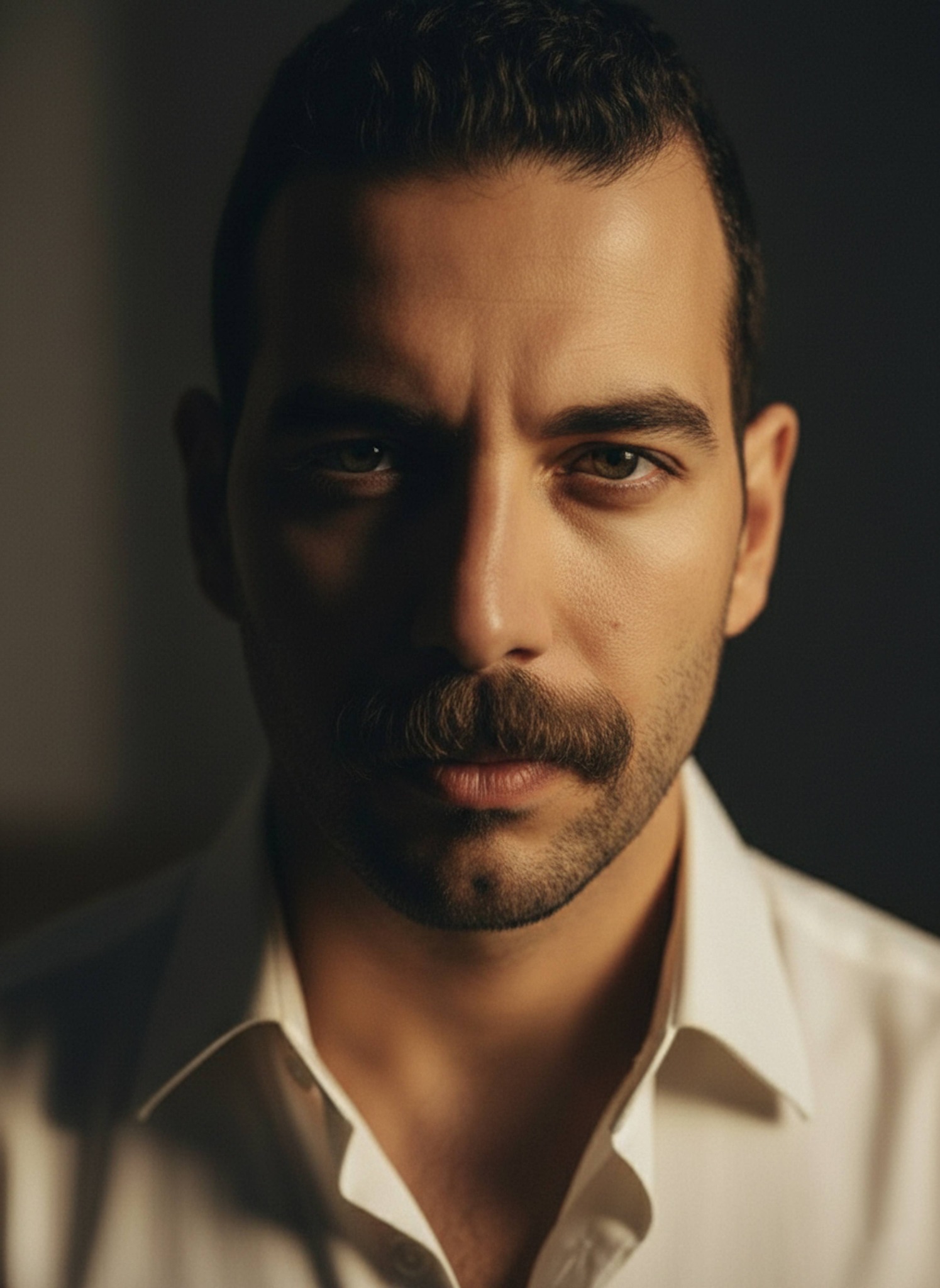 Extreme close-up portrait with golden hour side lighting and dramatic half-face shadow