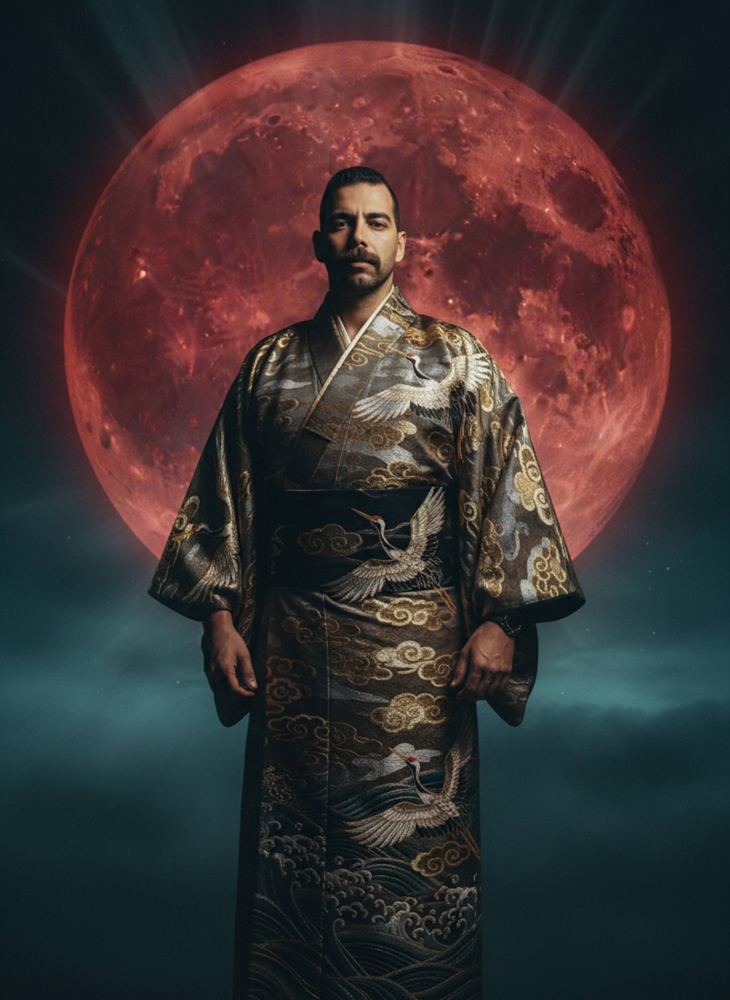 Person in gold-embroidered Japanese kimono standing under a blood moon with cranes motif