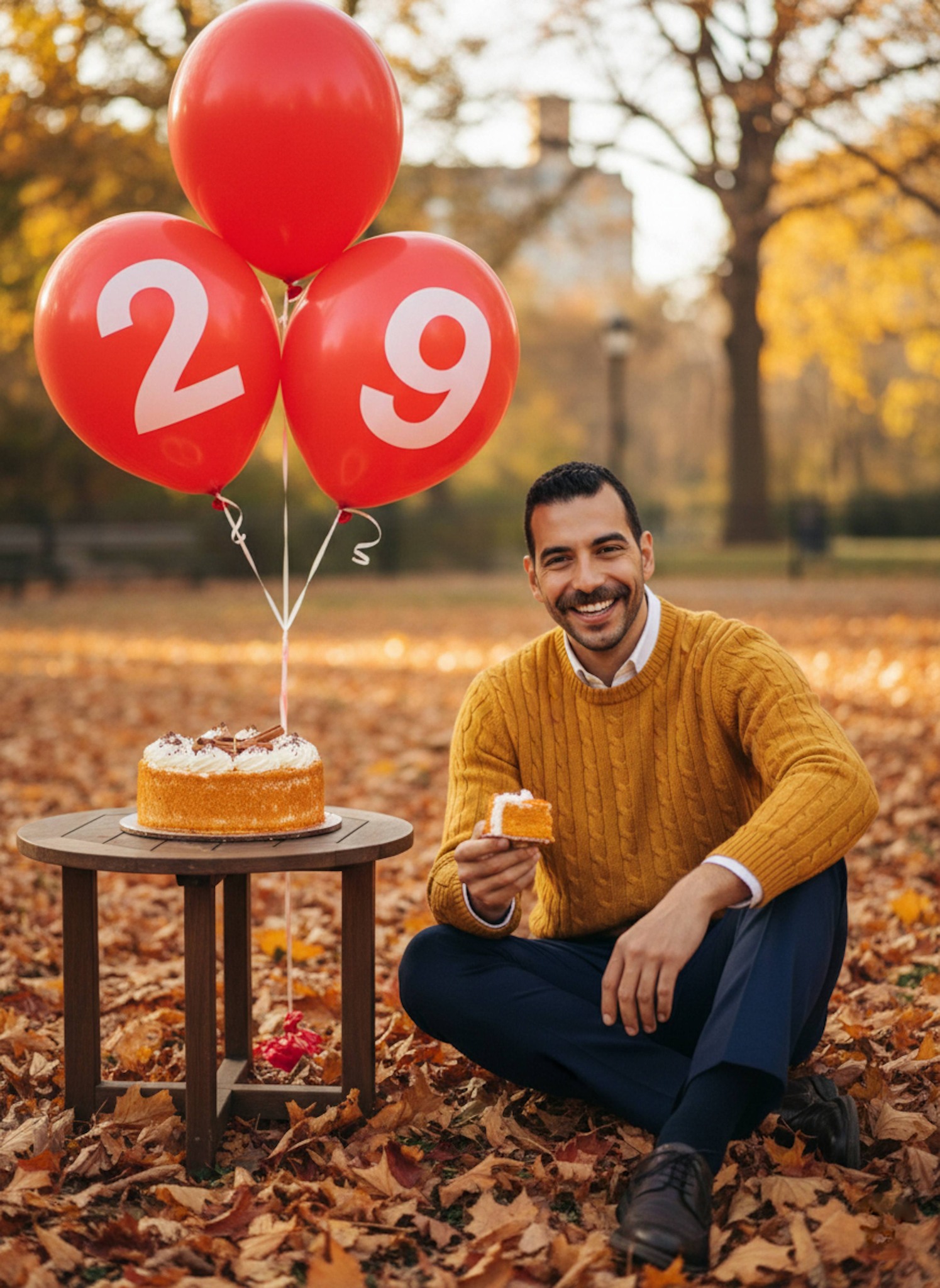 Person in mustard sweater surrounded by fallen leaves in autumn Central Park NYC