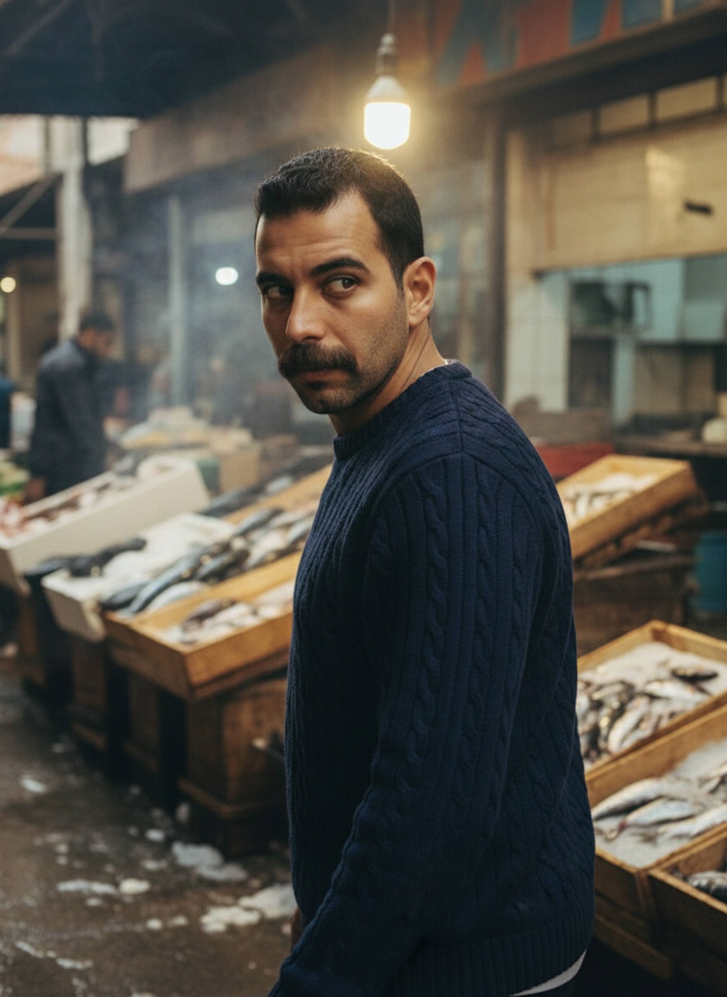 Person in a navy cable-knit fisherman sweater mid-turn at a bustling seafood market with dramatic overhead lighting and Kodak Portra tones