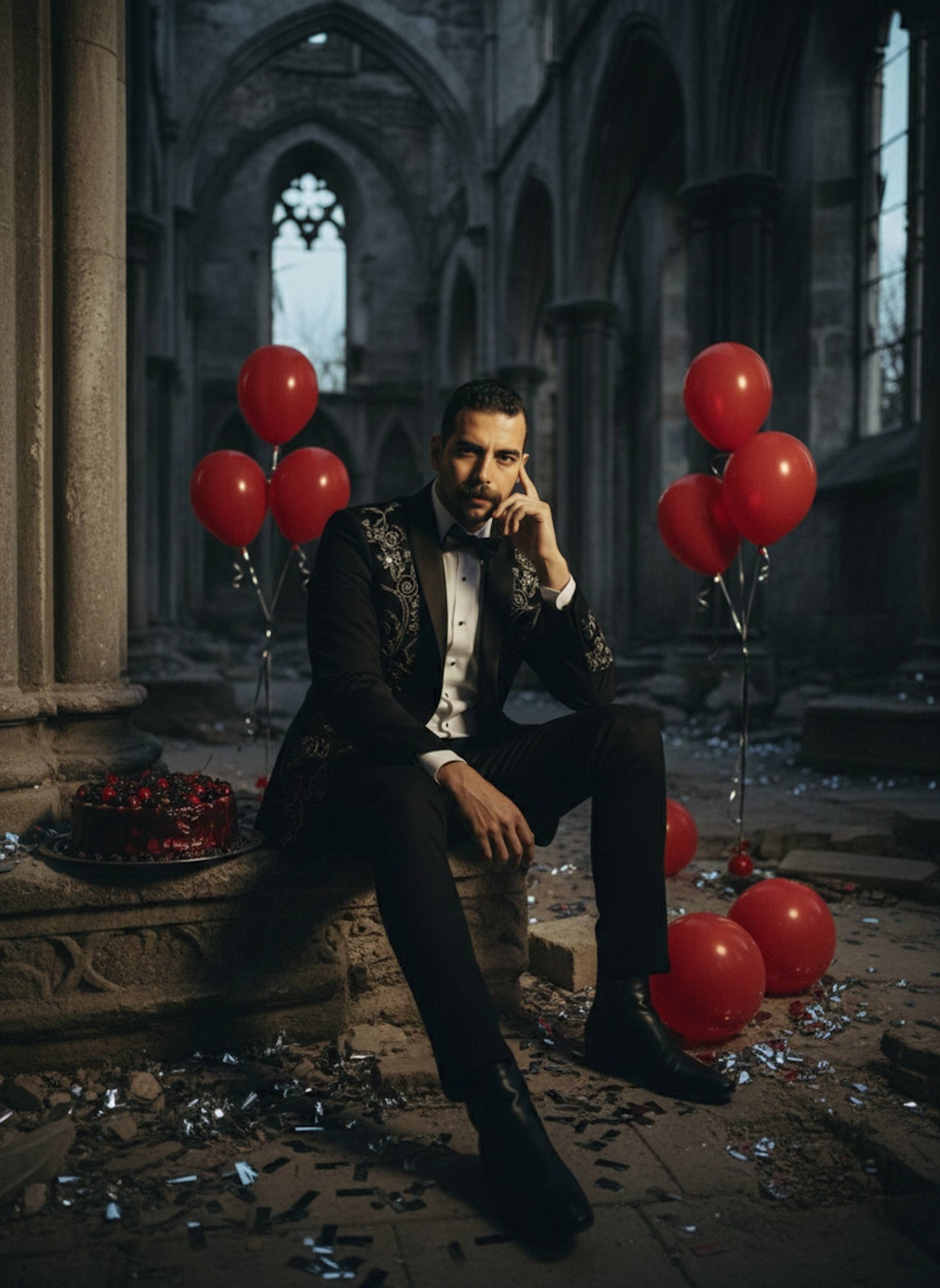 Person in black velvet blazer inside abandoned gothic cathedral ruins with dramatic lighting