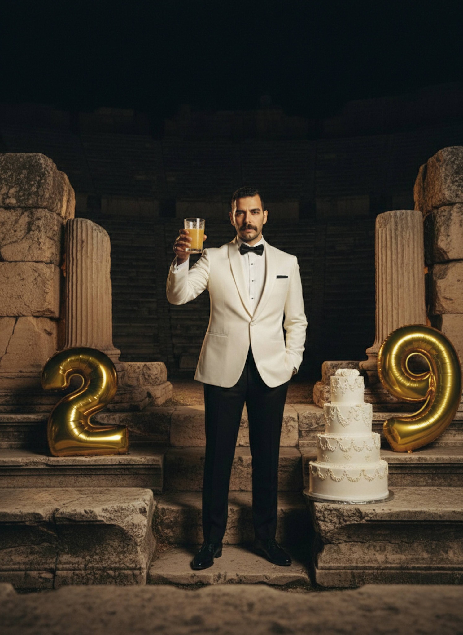 Person in white tuxedo jacket at ancient Greek theater ruins with stone architecture