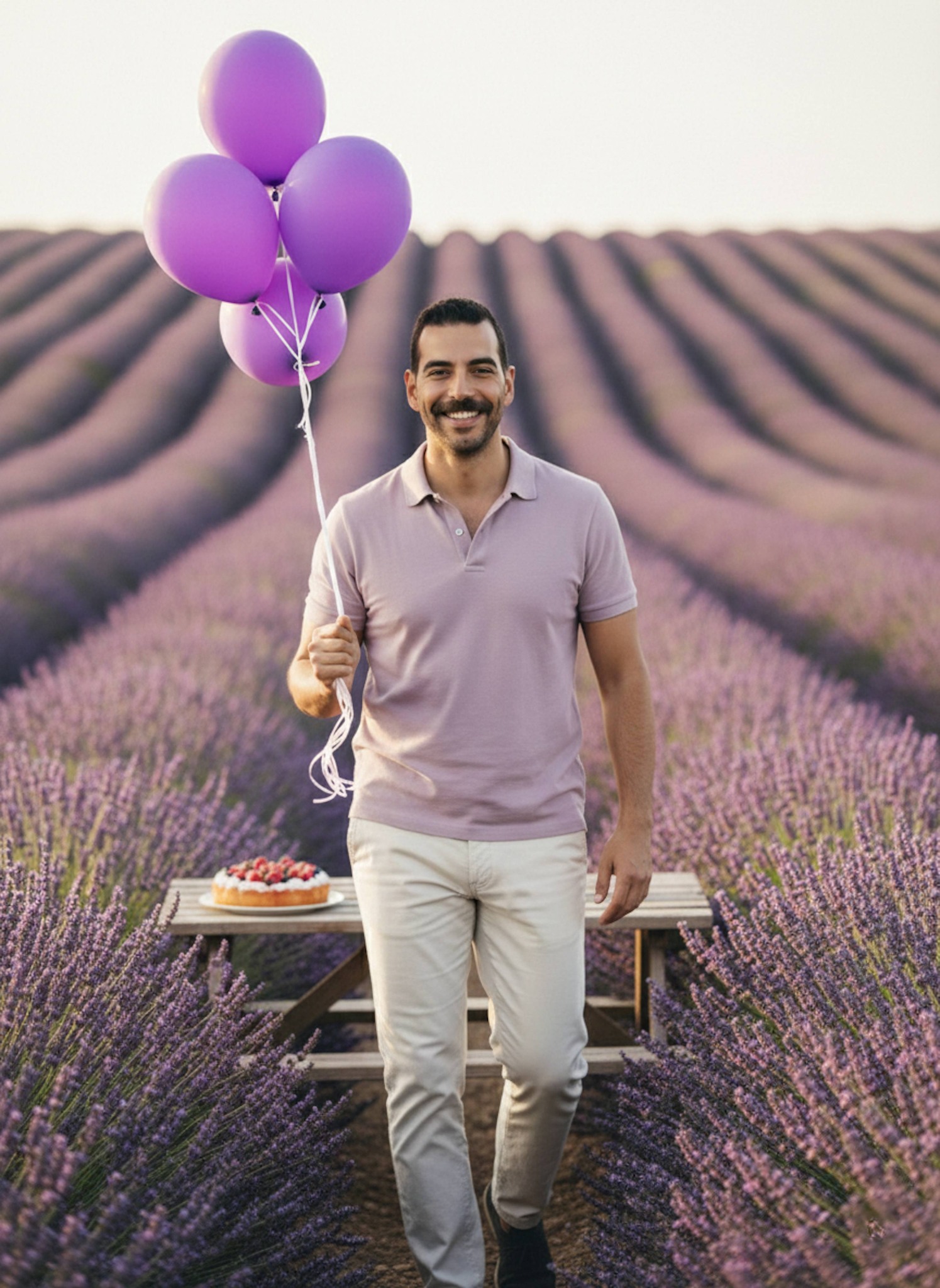 Person in mauve polo walking through rows of lavender in Provence countryside