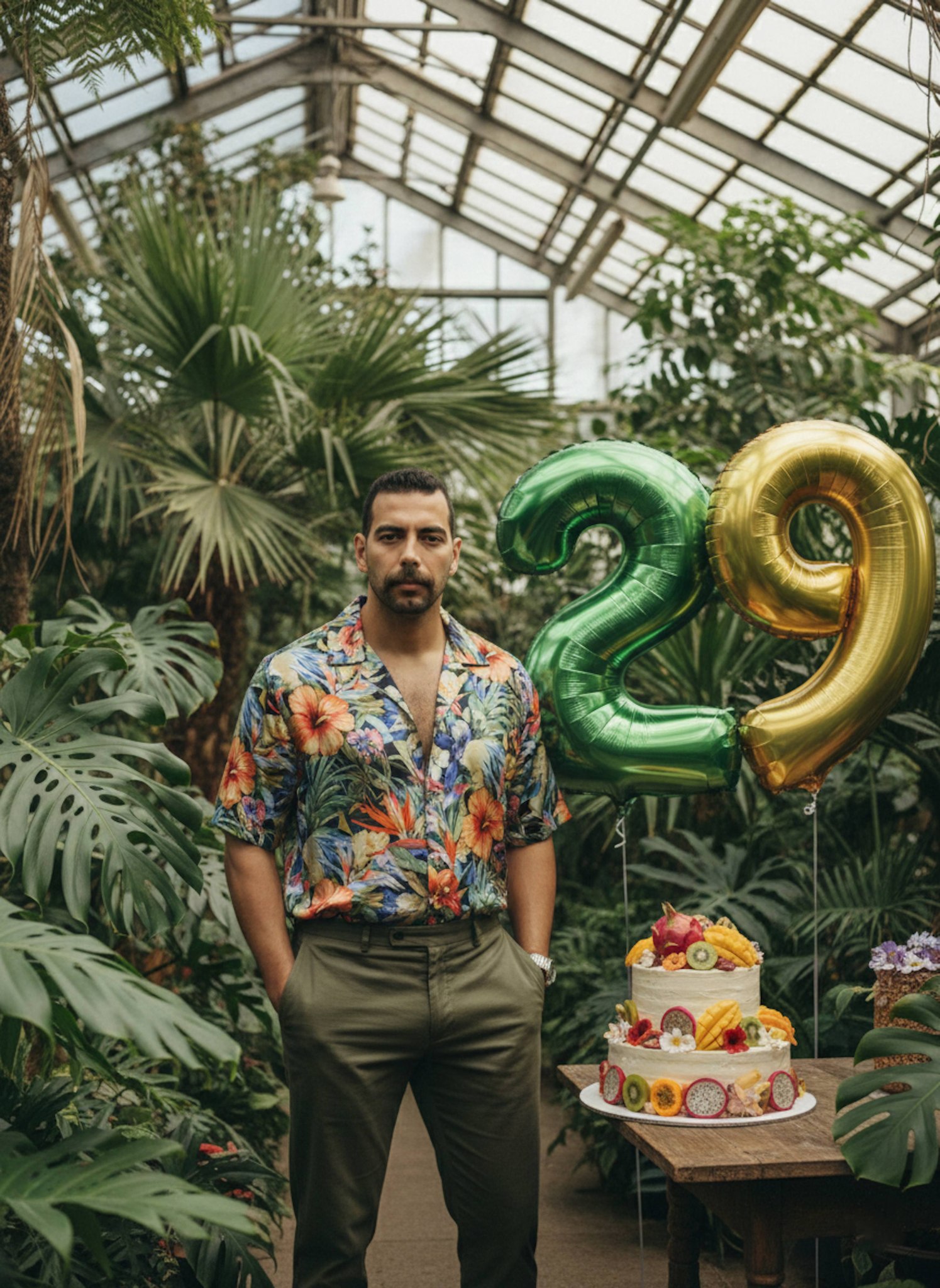 Person in floral silk shirt surrounded by exotic tropical plants in botanical greenhouse