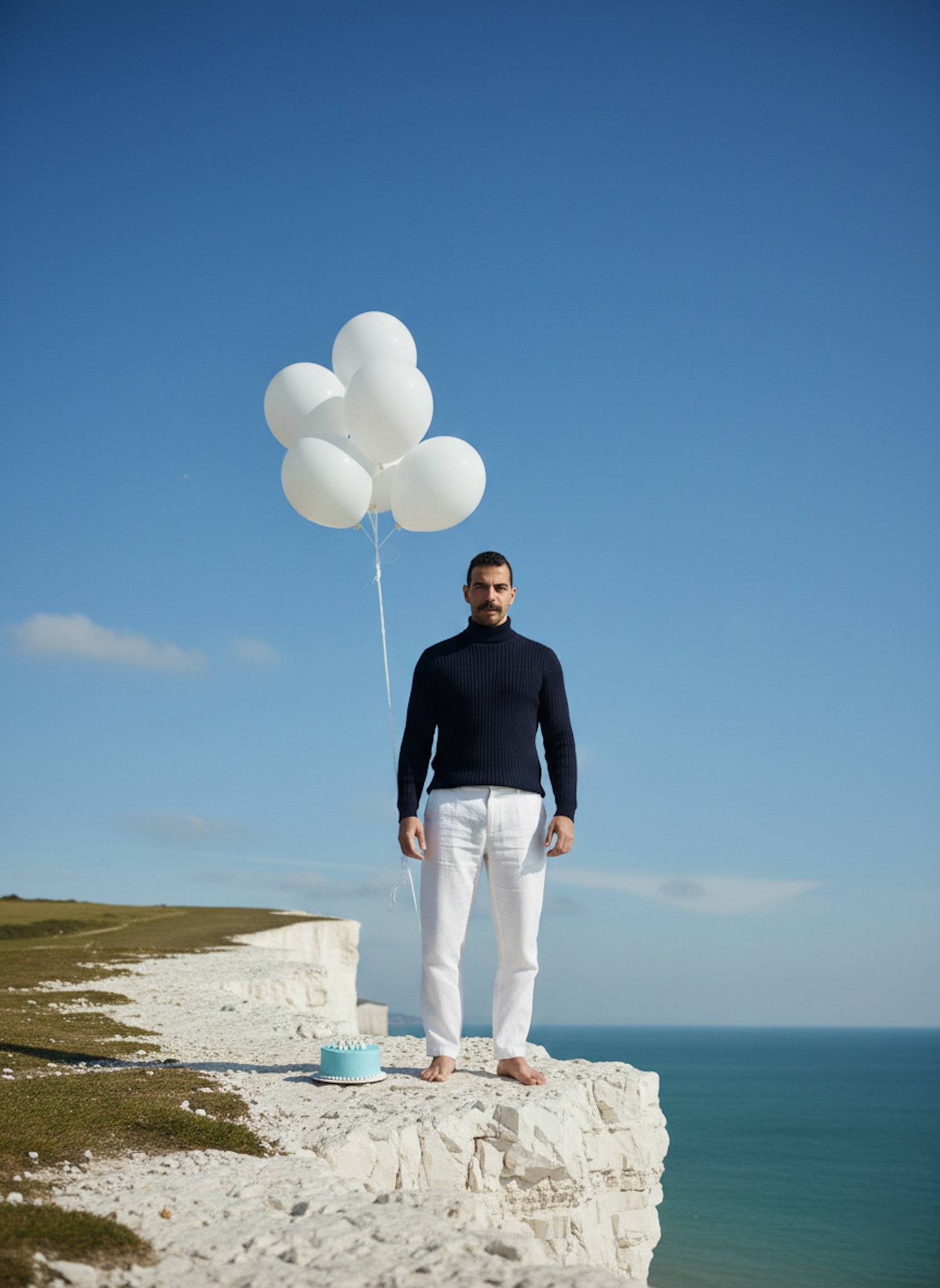 Person in navy turtleneck standing on edge of White Cliffs of Dover with blue sky