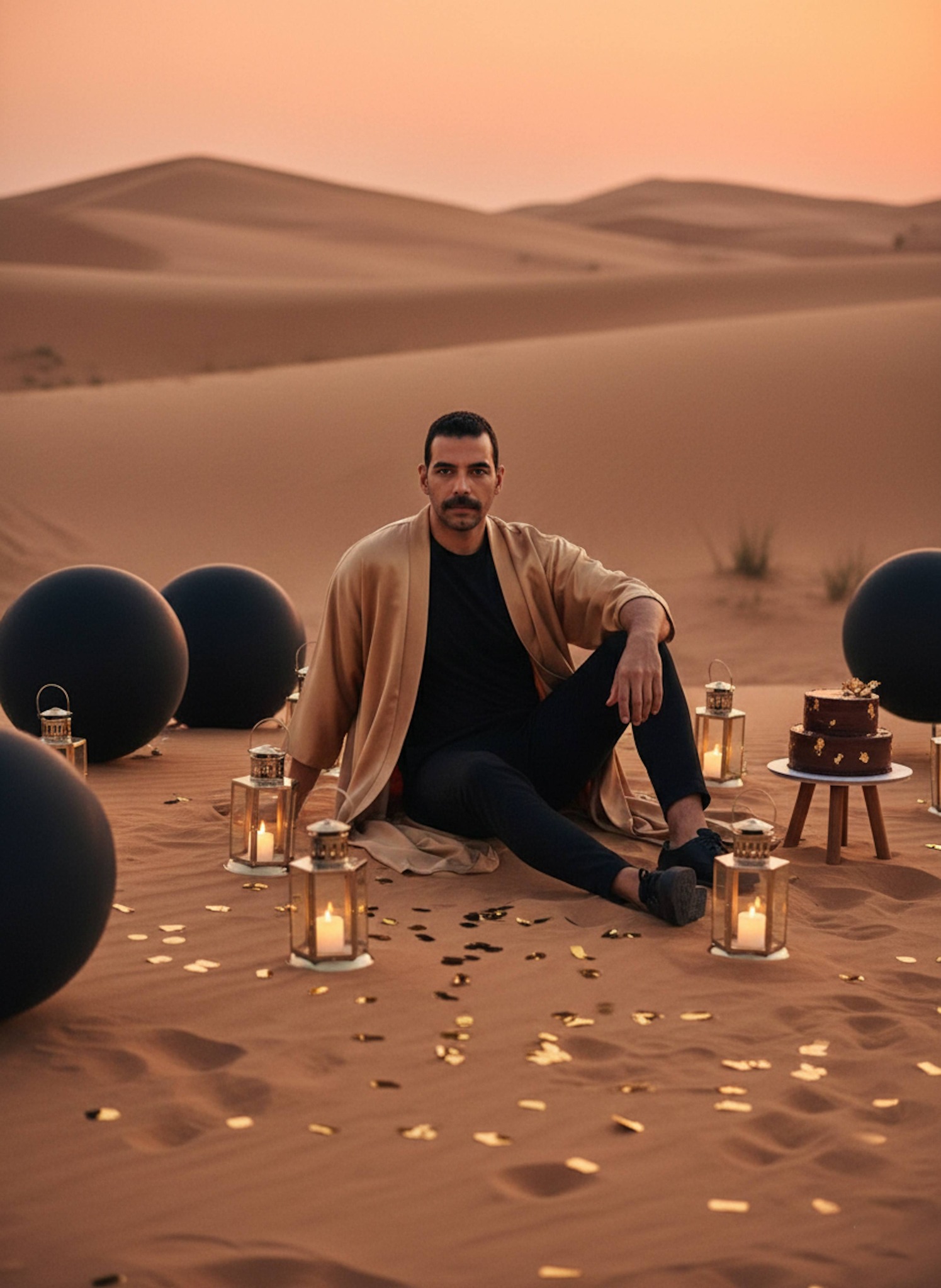 Person in sand silk kimono among Sahara dunes at sunset with glowing lanterns