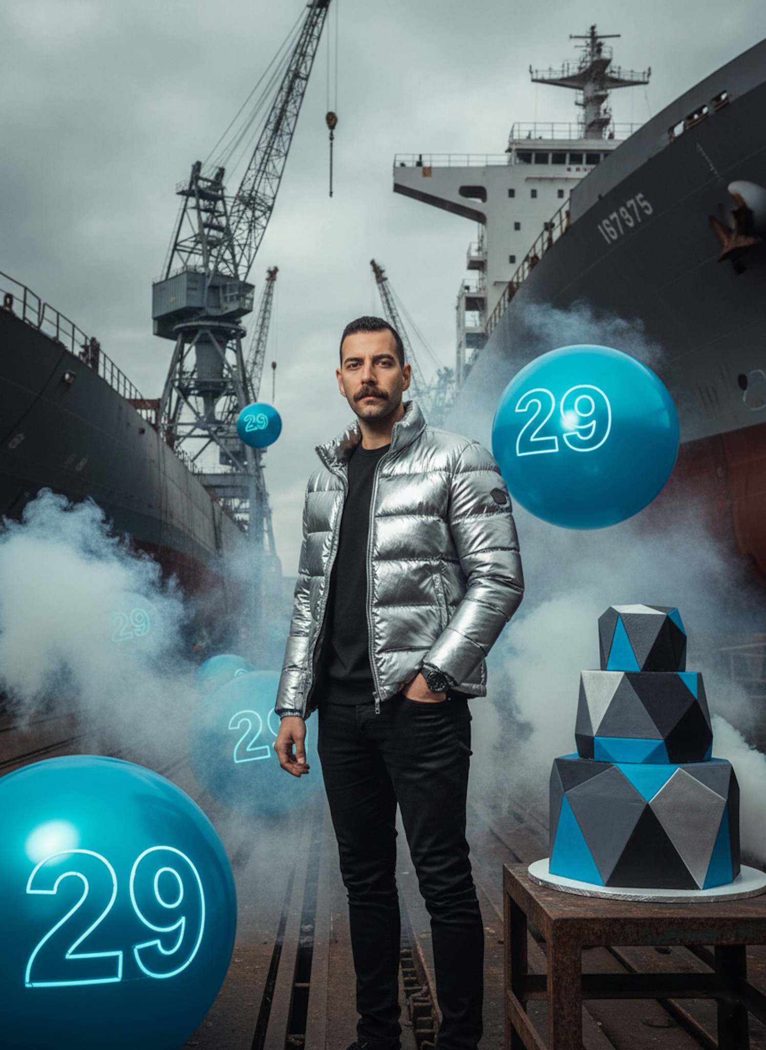 Person in silver puffer jacket at industrial shipyard with massive ships and neon blue light