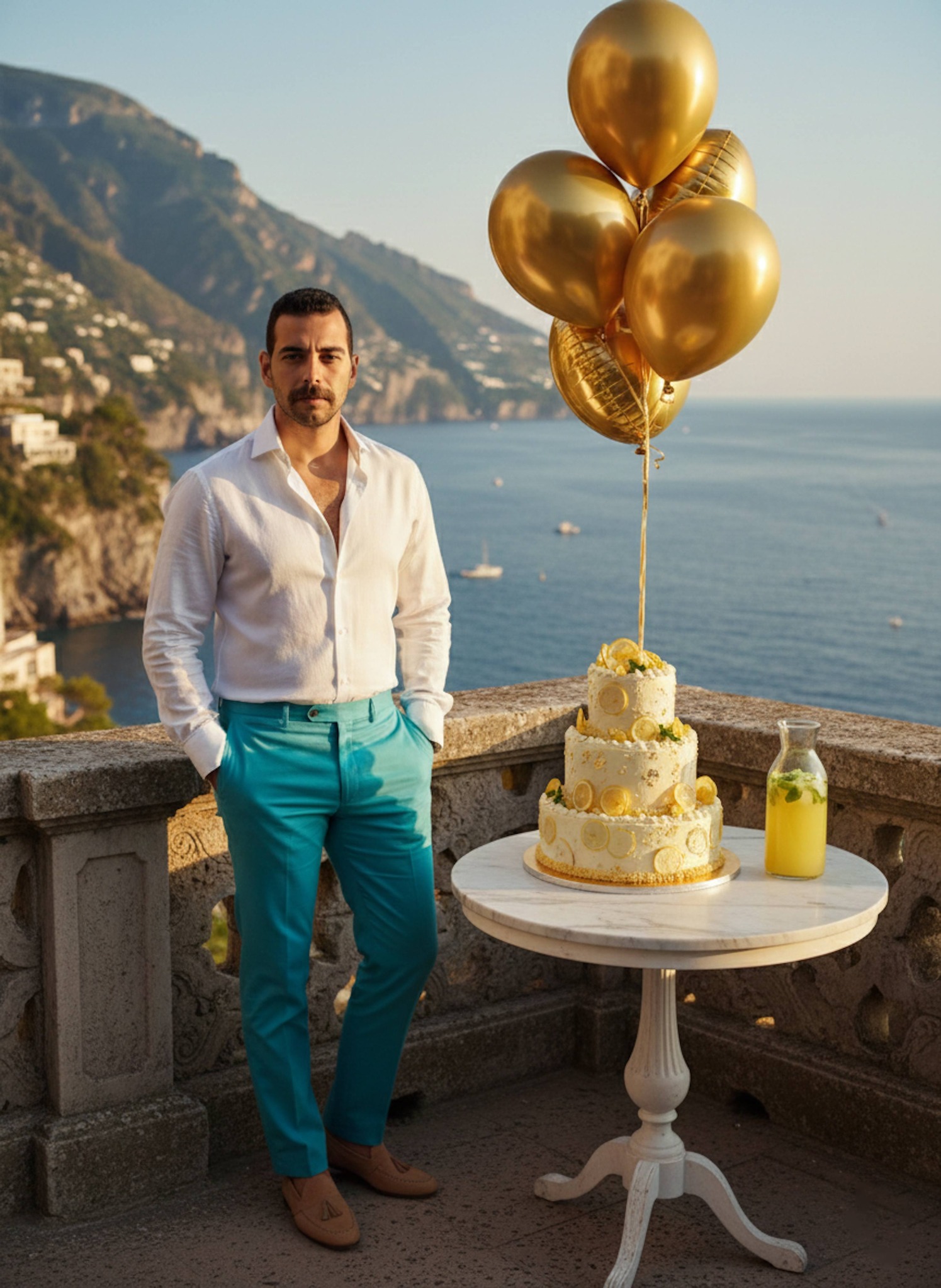 Person in white linen shirt on stone balcony overlooking Amalfi Coast blue sea