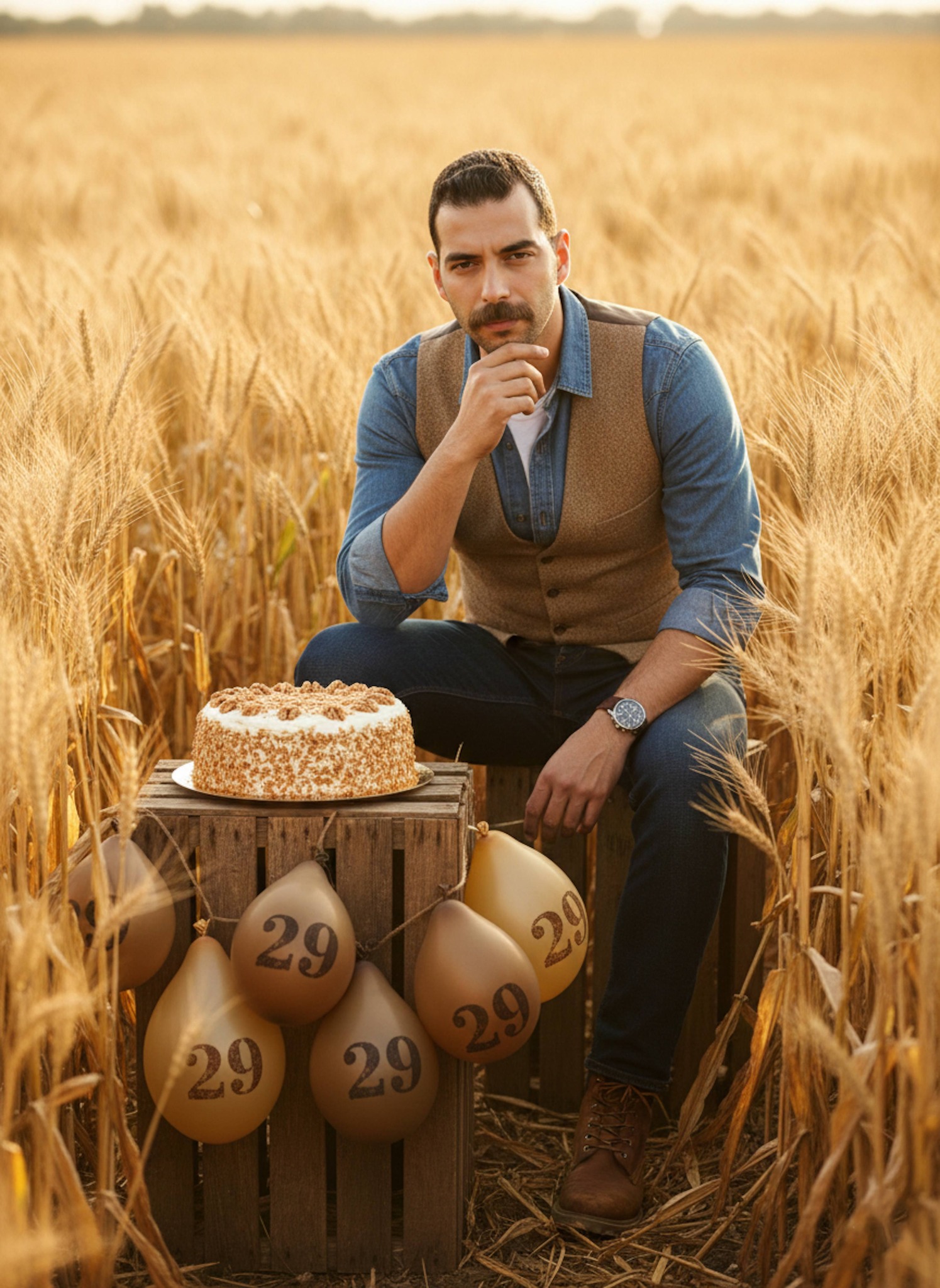 Person in denim shirt and tan vest standing in cornfield at golden hour with warm backlight