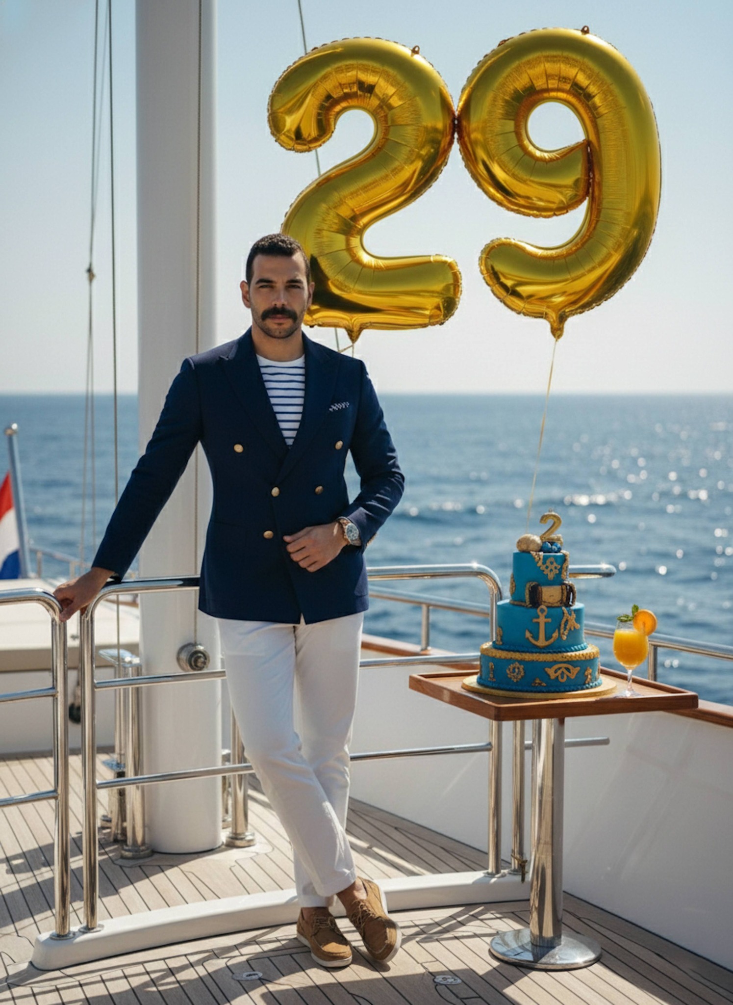 Person in navy blazer with gold buttons leaning on yacht railing in Monaco harbor