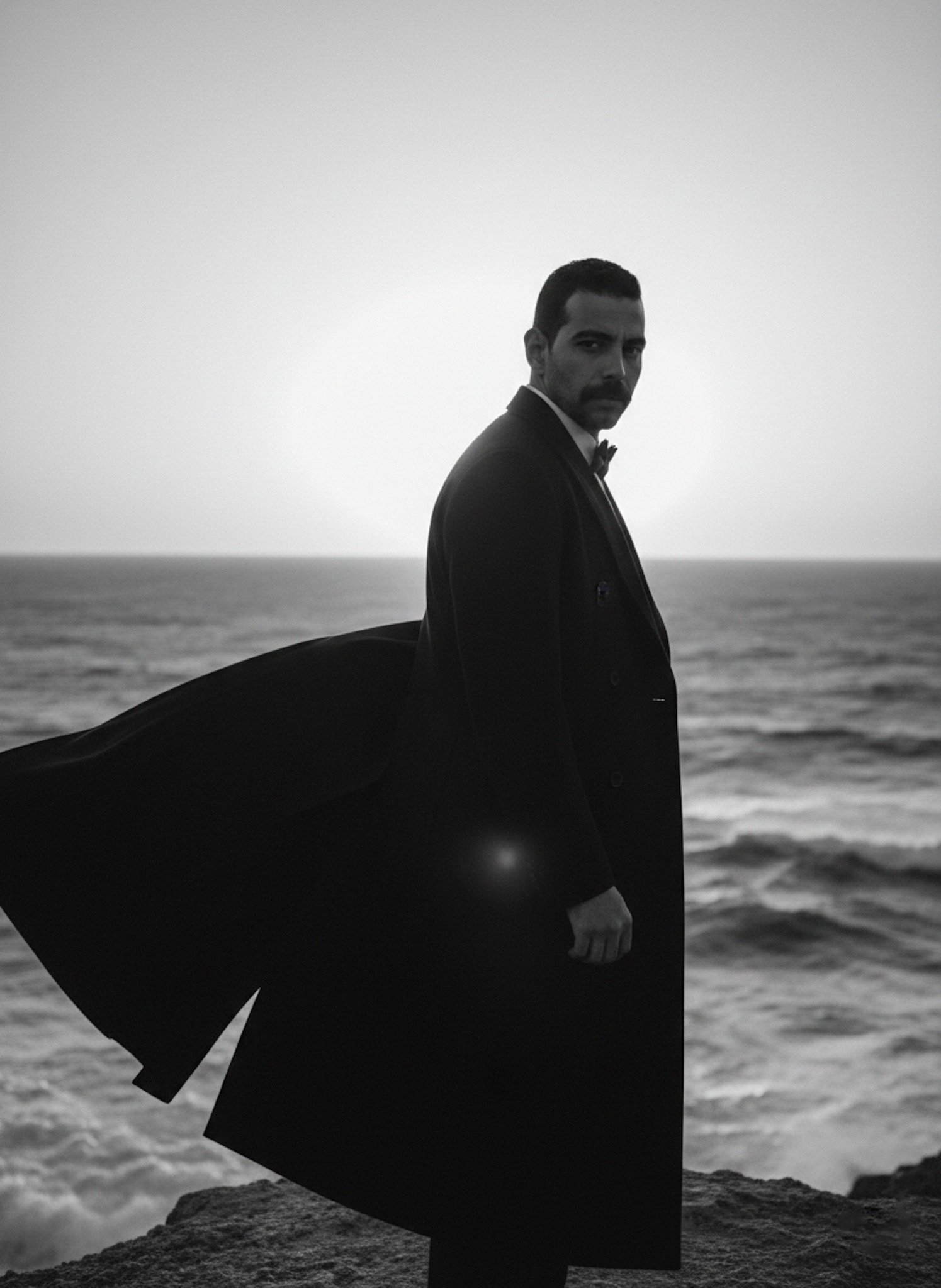 Person in a flowing black wool coat standing as a silhouette on Mediterranean cliffs with crashing waves and fiery sunset in black-and-white