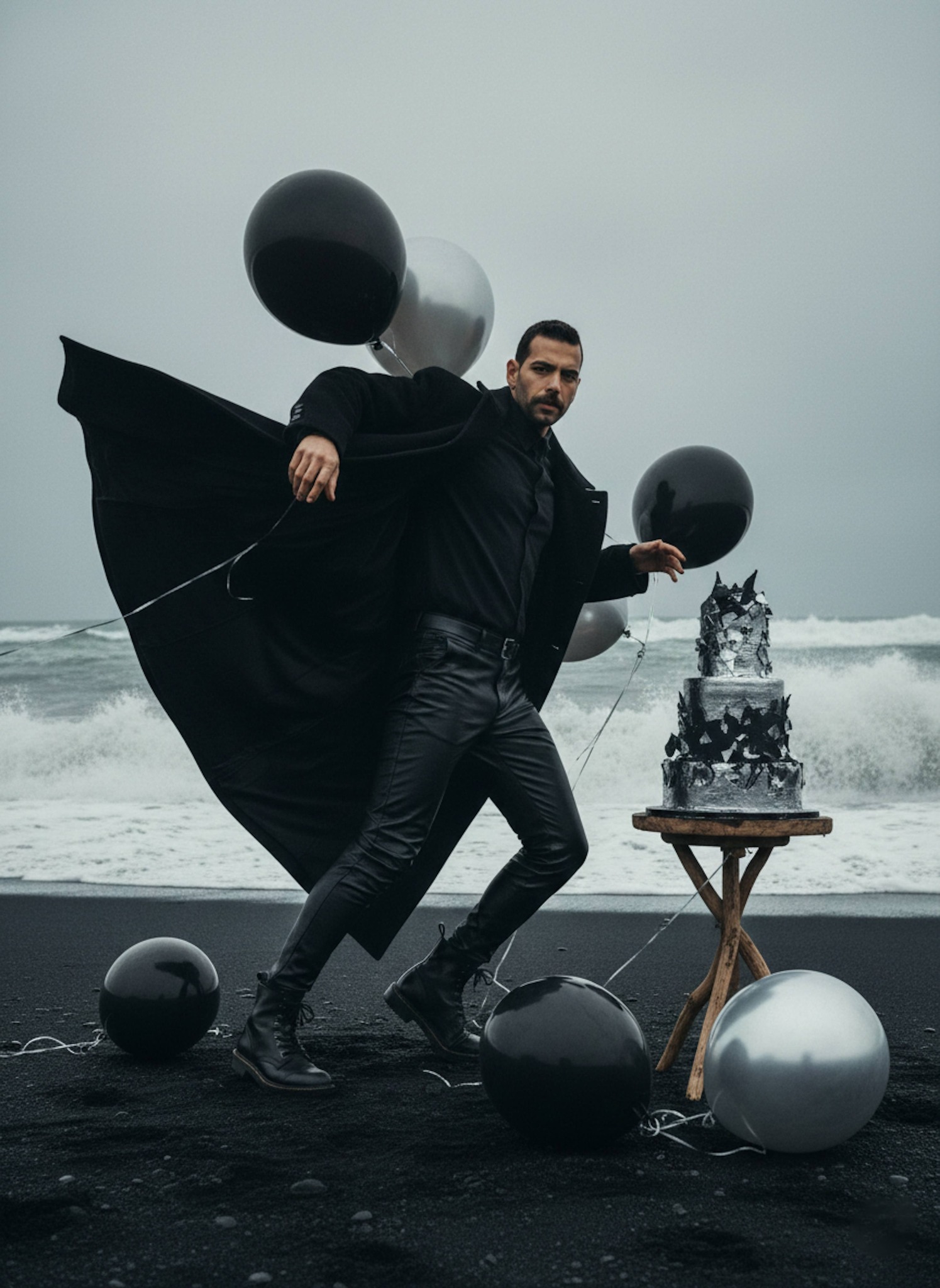Person in black wool coat on Icelandic black sand beach with crashing waves and grey sky