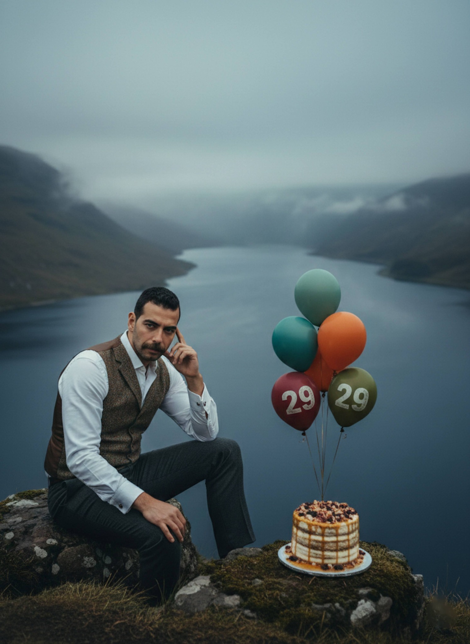 Person in tweed waistcoat overlooking misty loch from Scottish Highlands cliff