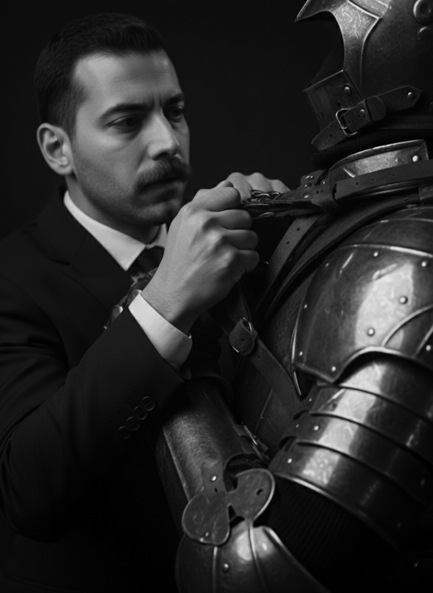 Black-and-white close-up of hands gripping armored collar with sharp texture detail