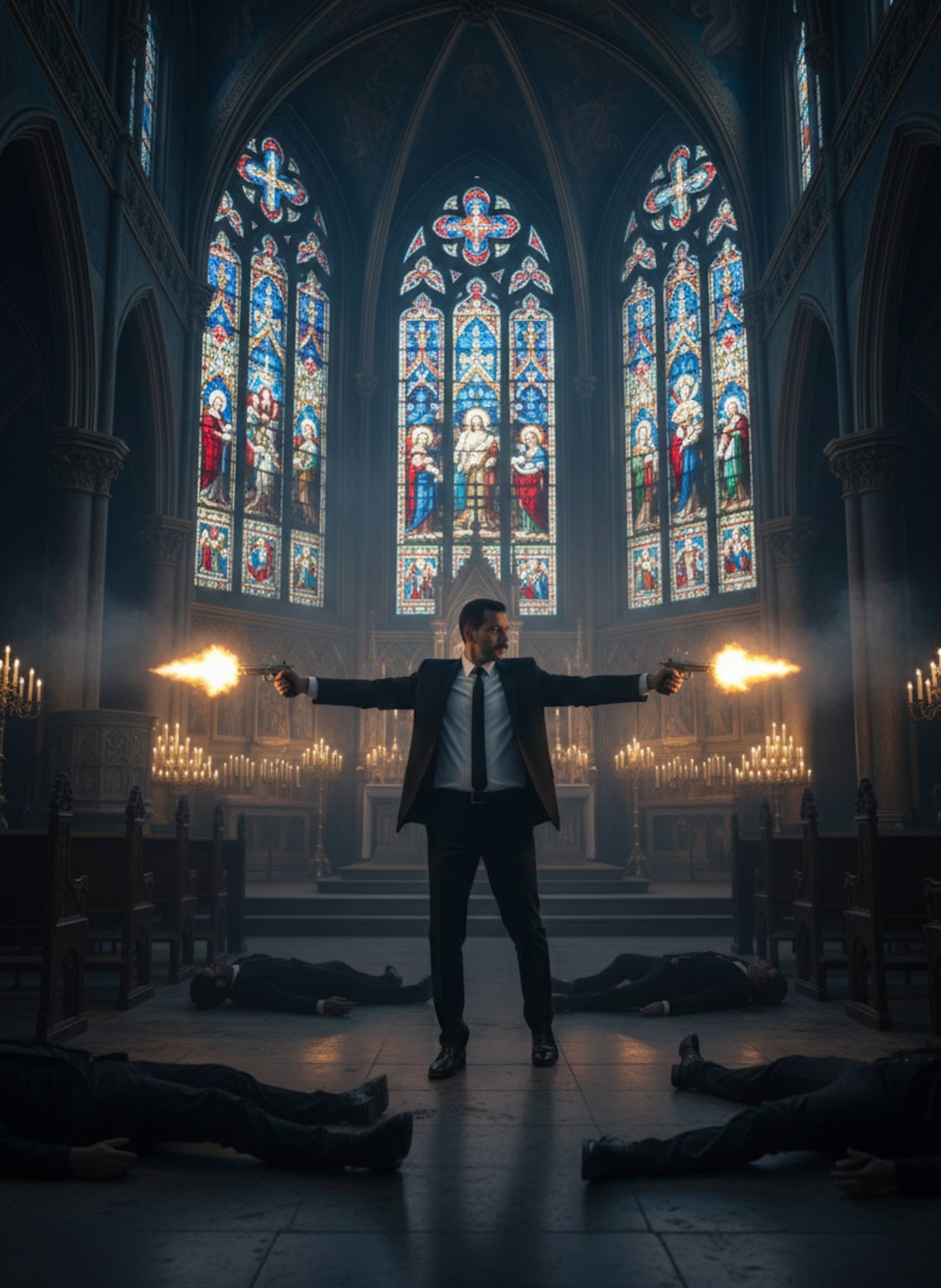 Person in black suit firing dual pistols in ornate church with stained glass and muzzle flash