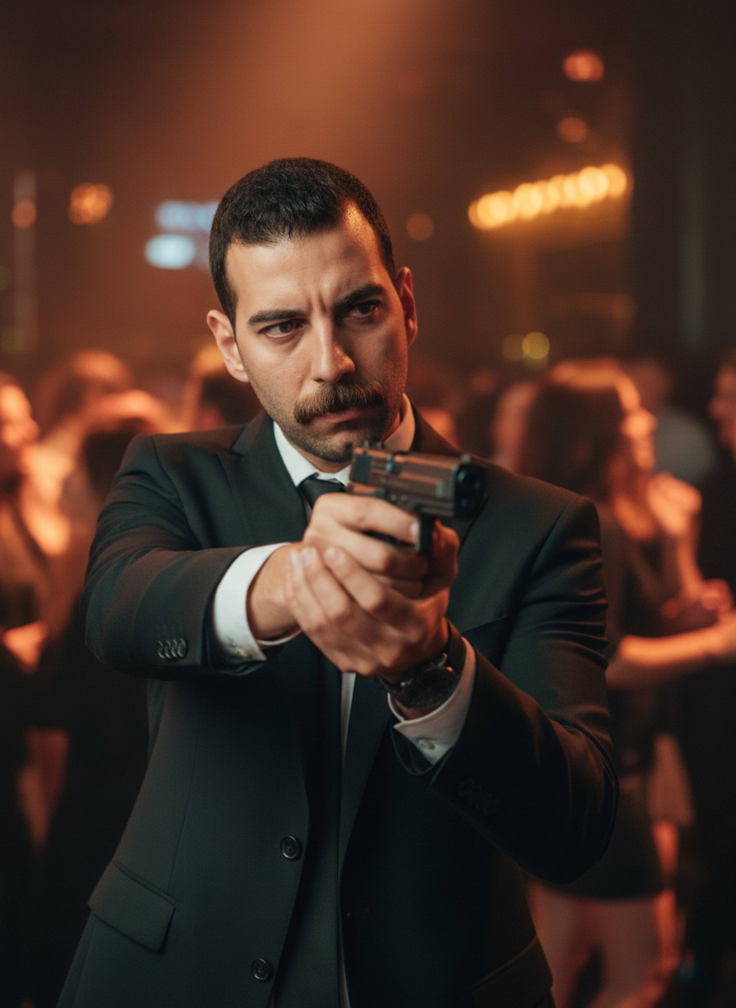 Person in black suit aiming pistol with intense focus against warm blurred club background