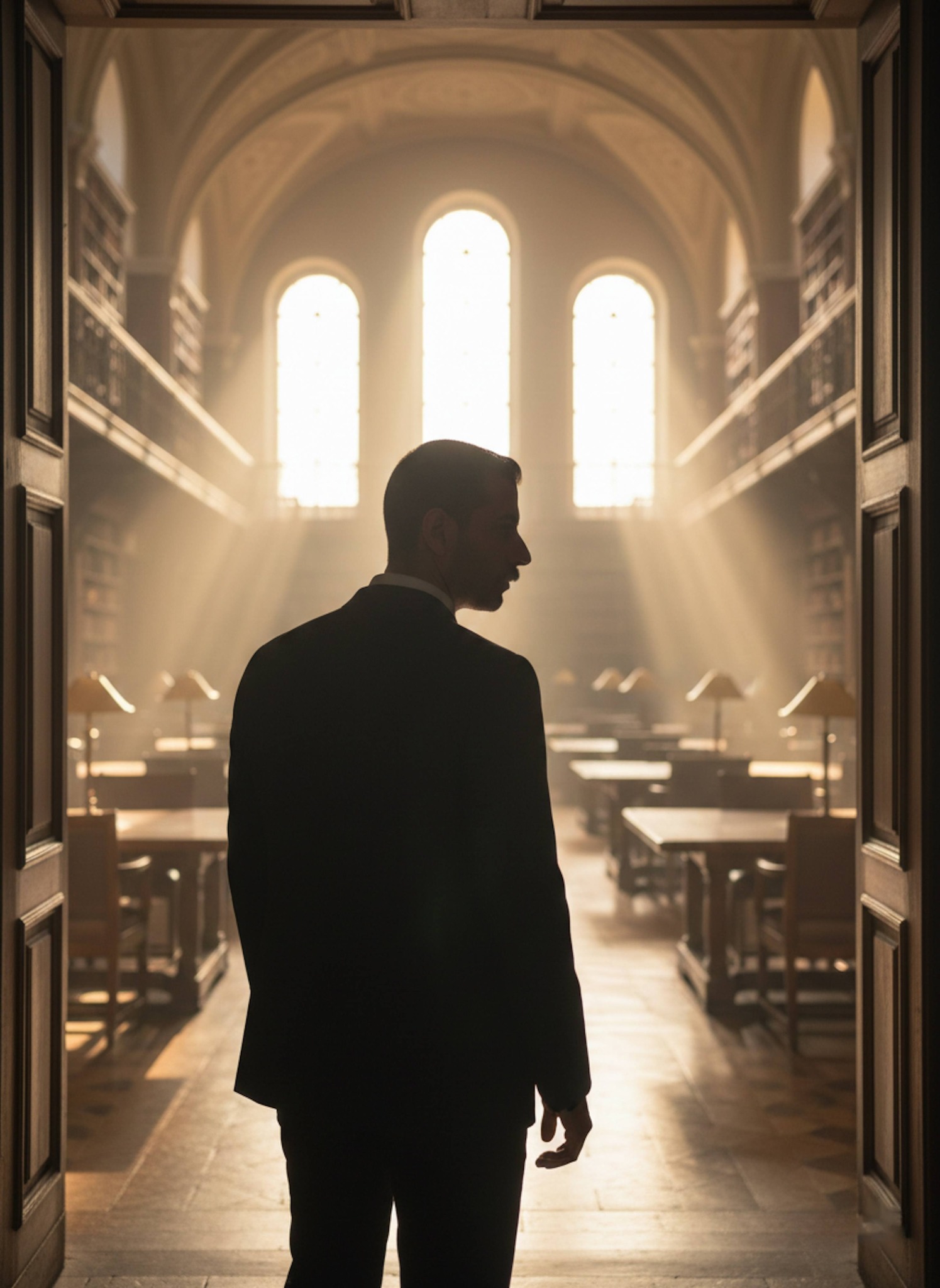 Silhouette of person in black suit entering sunlit library with arched windows and dust beams