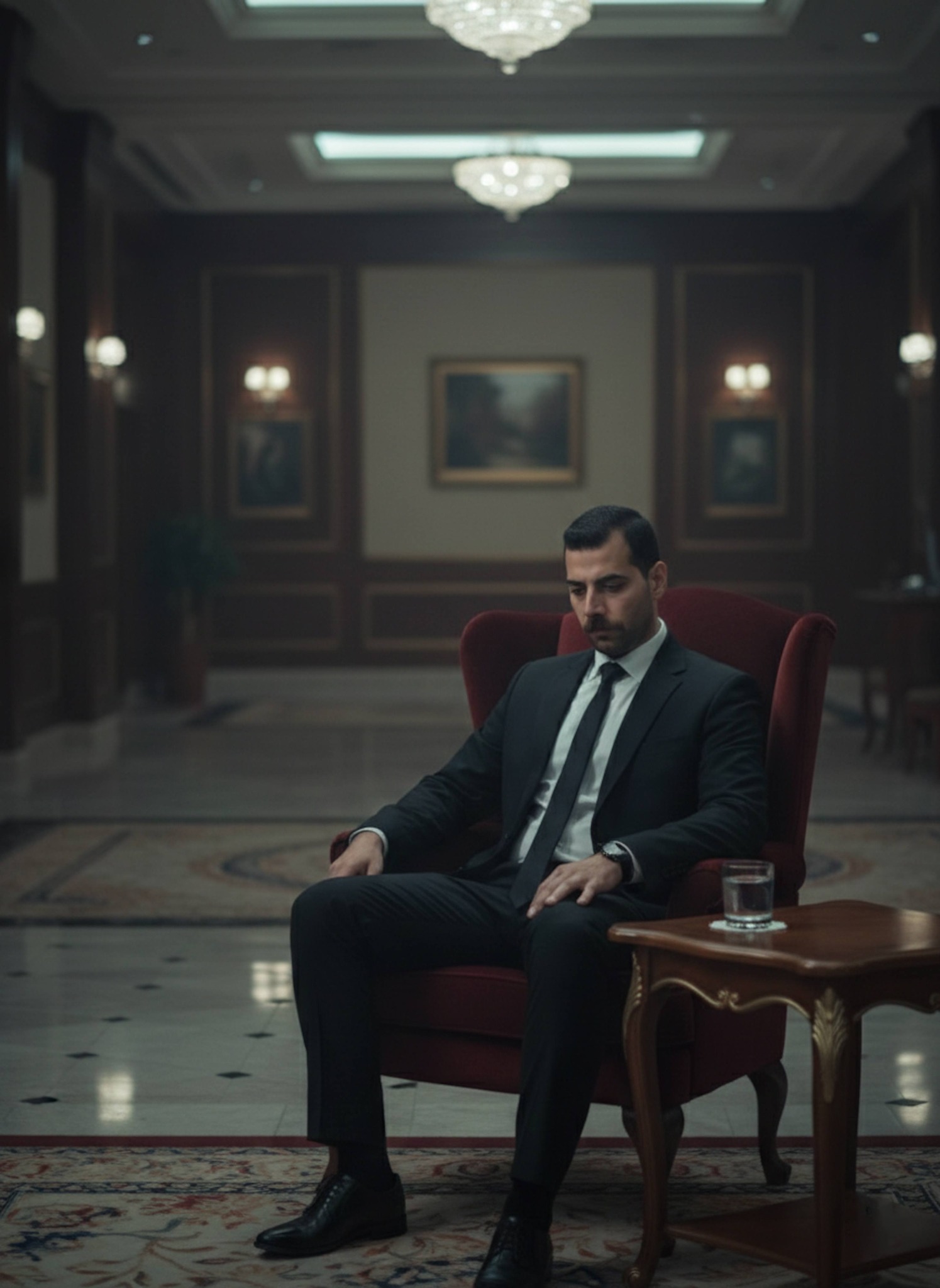 Person in black suit sitting exhausted on velvet armchair in dimly lit luxury hotel lobby