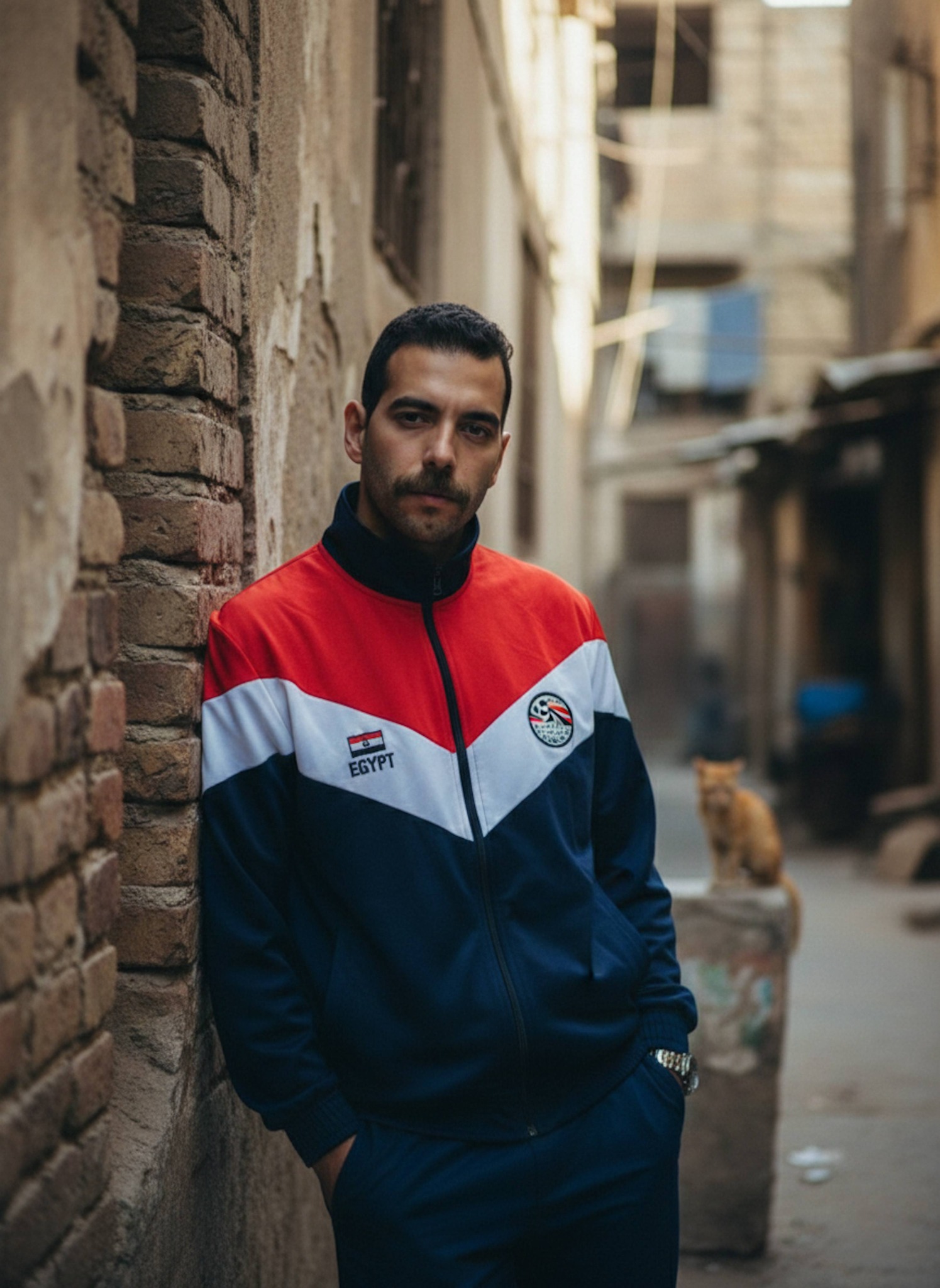 Person in a 90s vintage track jacket leaning against a crumbling brick wall in a narrow Alexandria street with afternoon side-lighting