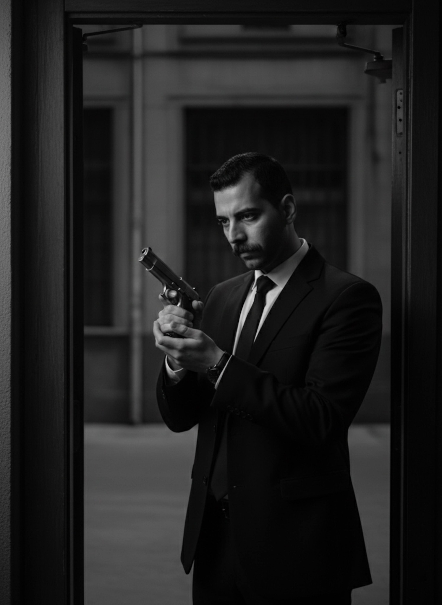High-contrast black-and-white portrait of person in doorway with half face in shadow