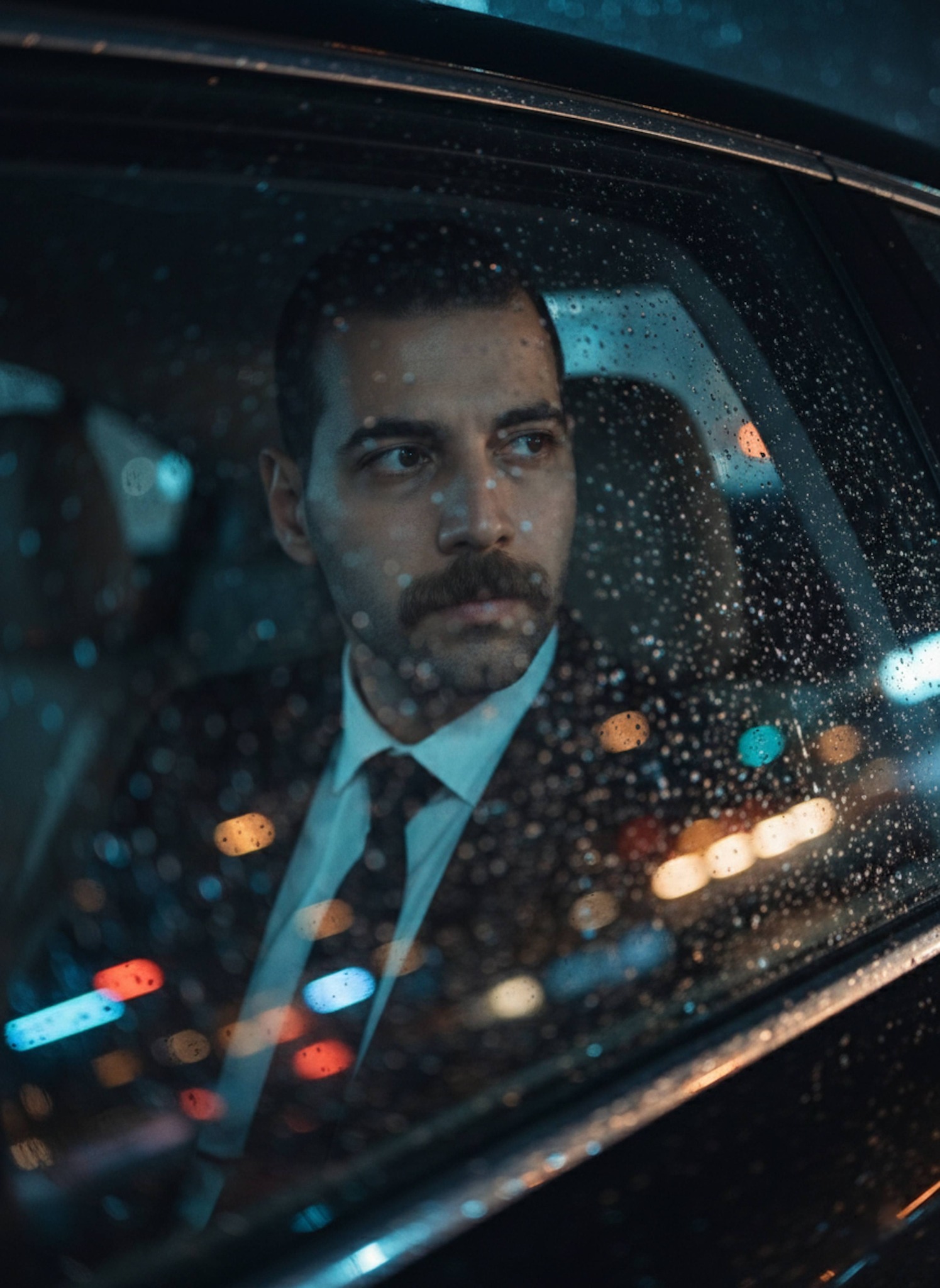 Person in suit looking through rain-streaked car window at blurred city lights at night