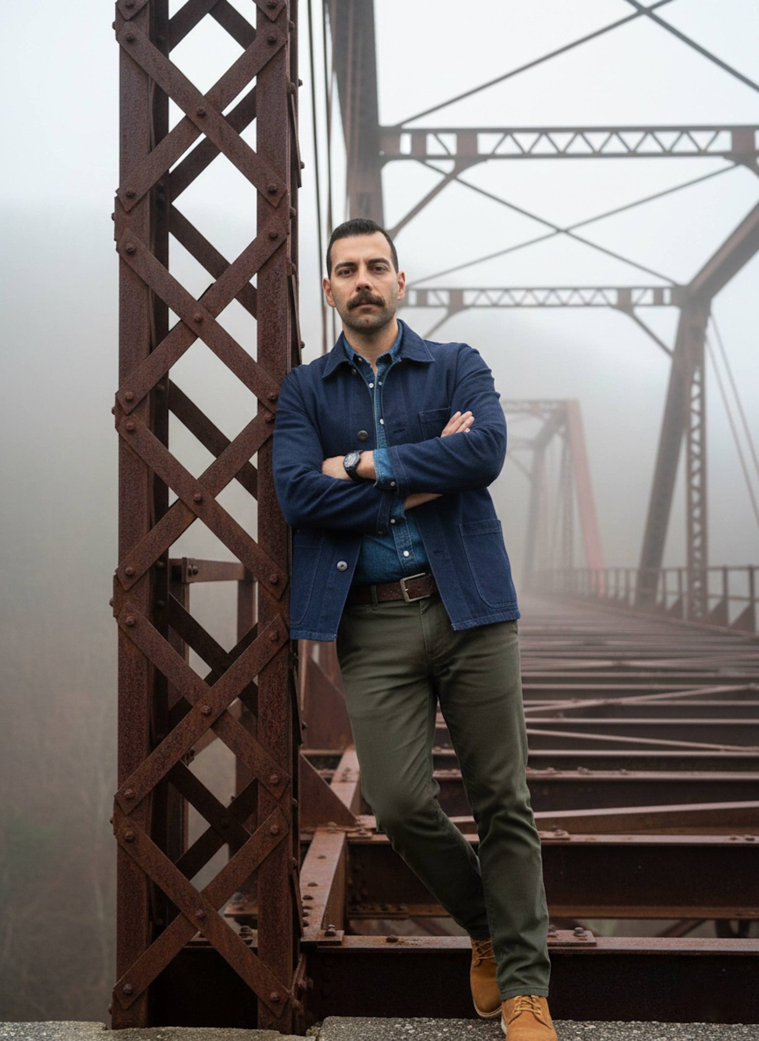 Person on rusted iron bridge spanning deep gorge in foggy Appalachian Mountains