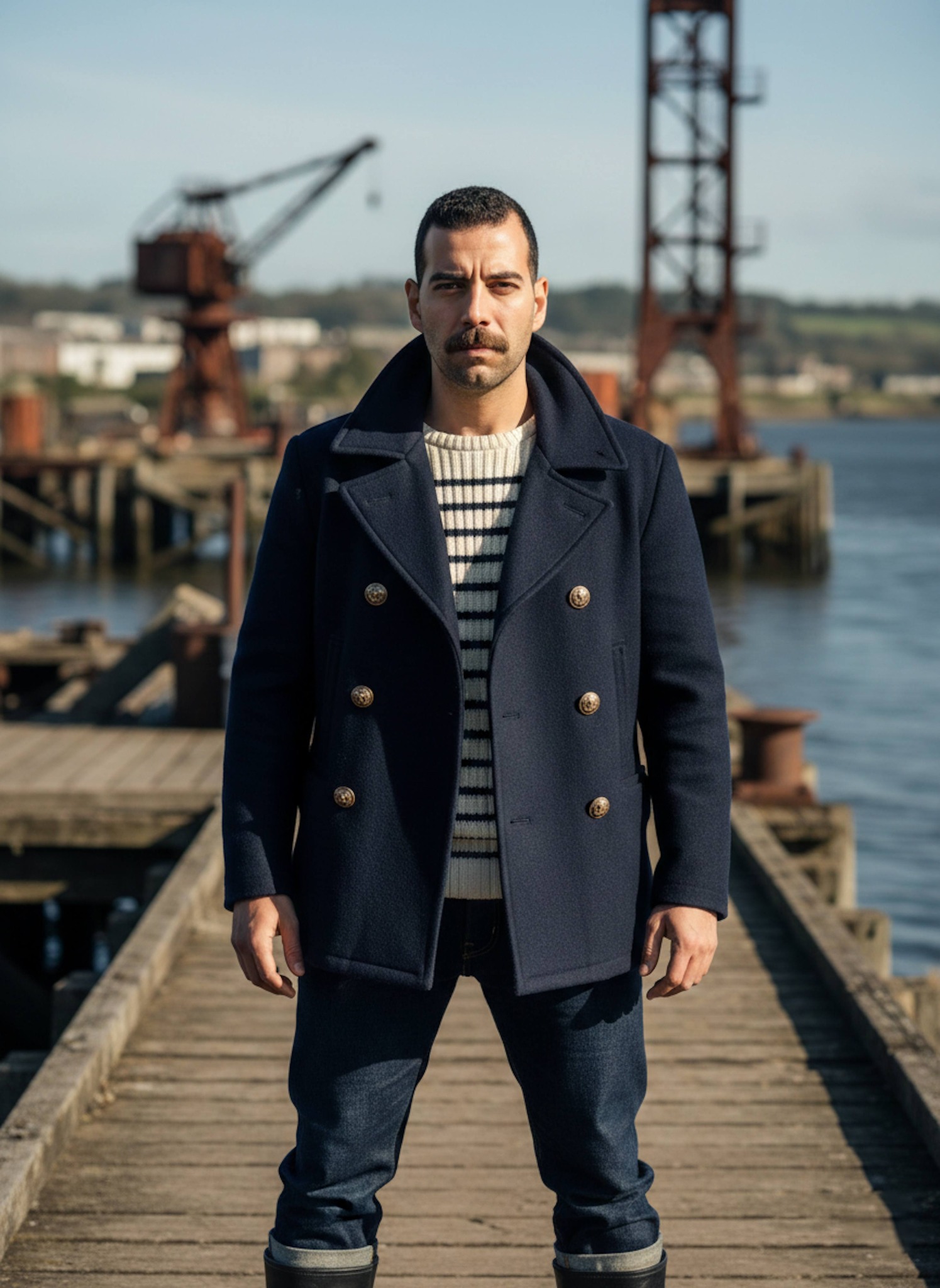 Person in double-breasted coat on decaying wooden pier at abandoned Clyde River shipyard