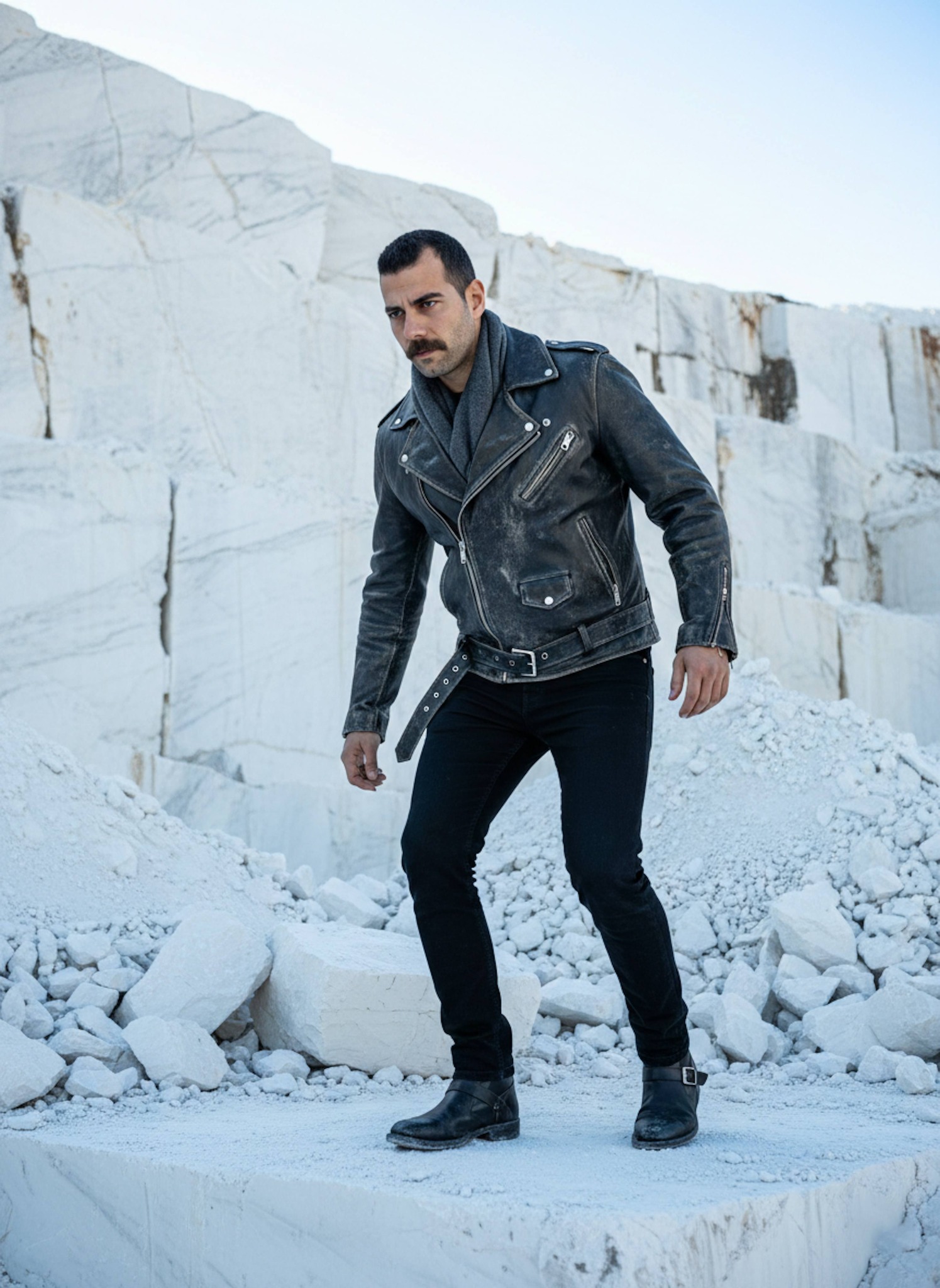 Person in biker leather standing on white marble blocks in Italian Alps quarry