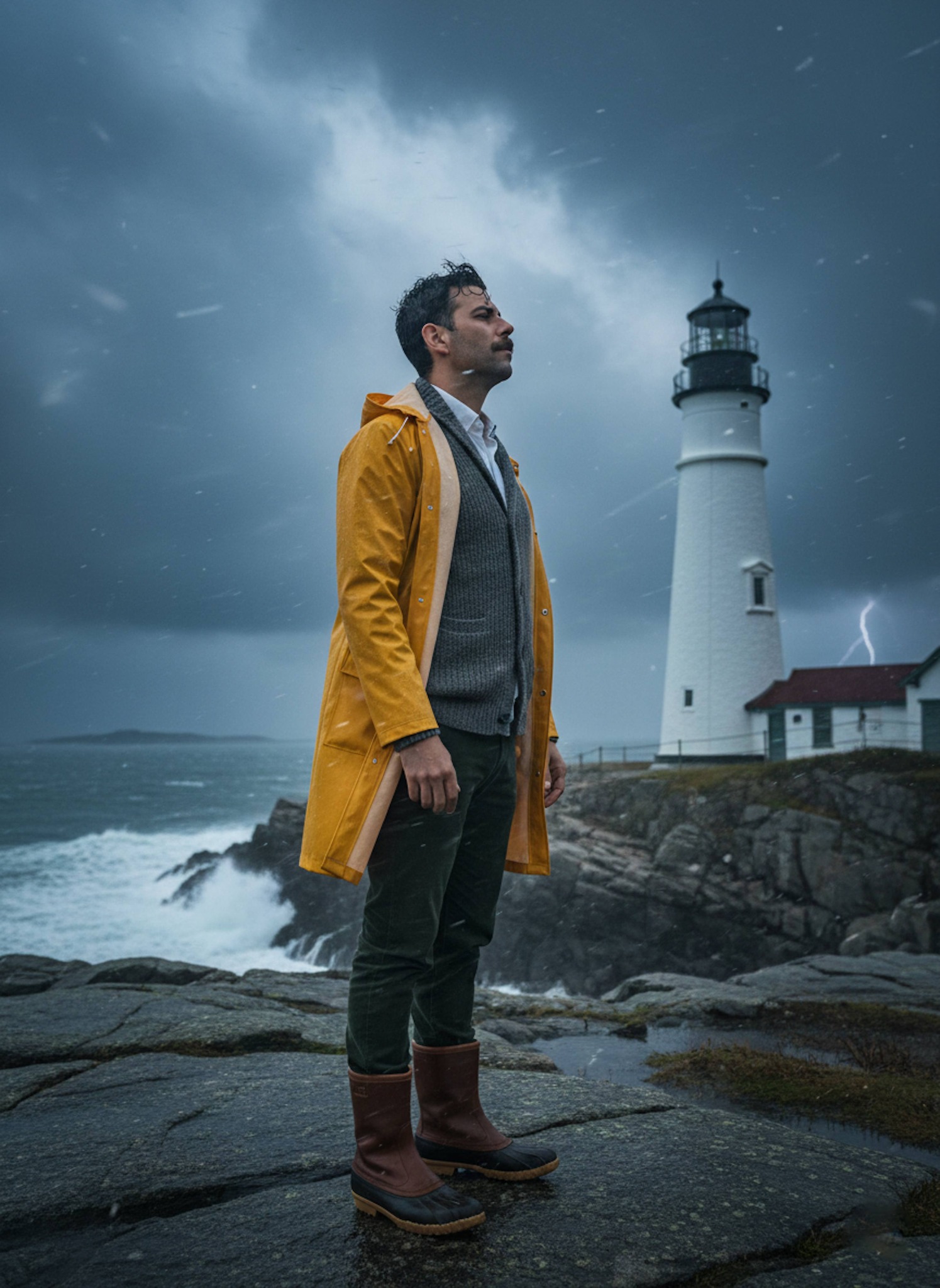 Person in yellow rain mac at windswept Maine lighthouse during storm with sea spray