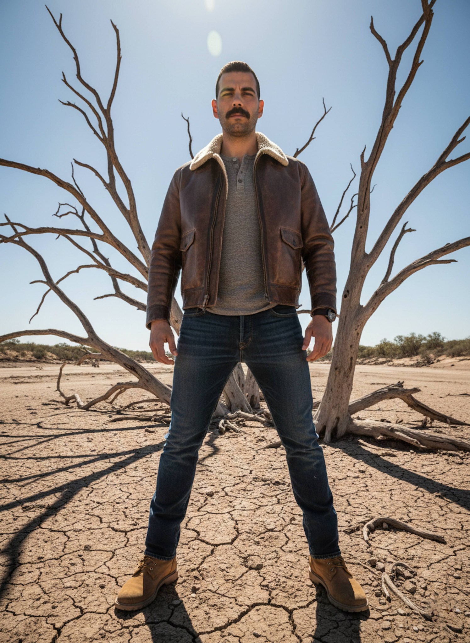 Person standing on cracked dried earth with dead trees in desolate Australian Outback