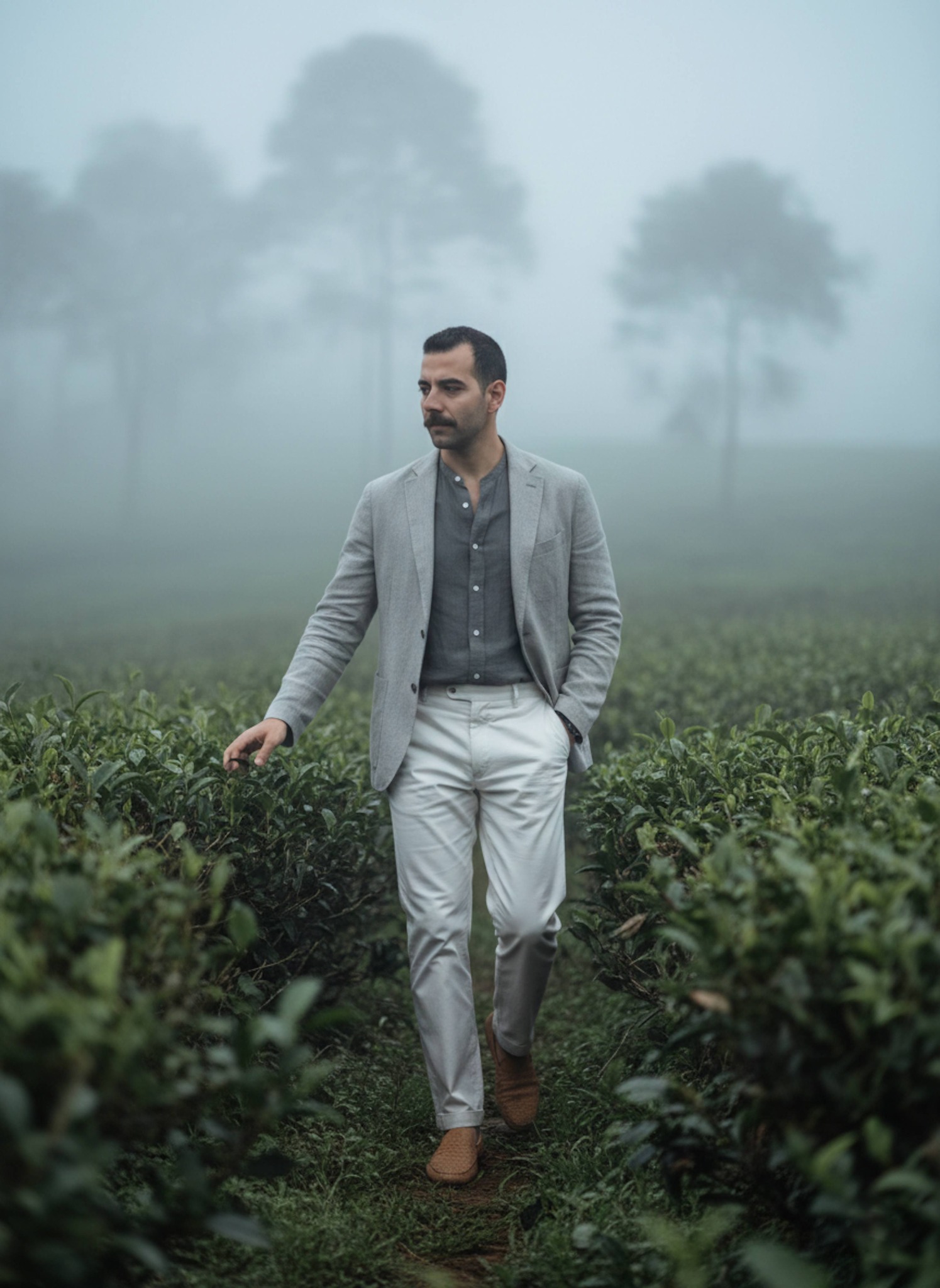 Person in linen blazer walking through misty tea plantation in Sri Lanka highlands