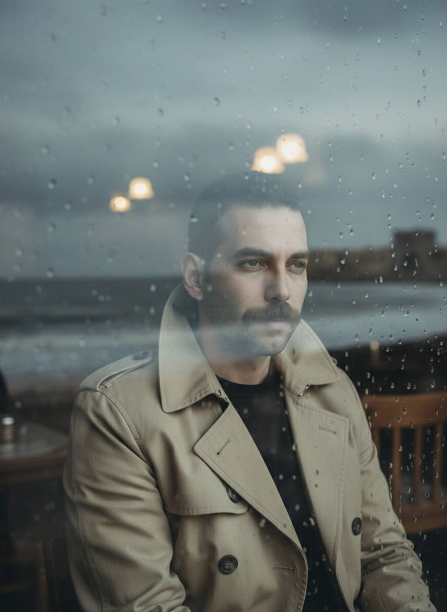 Person in a beige trench coat looking through a rain-streaked cafe window at the grey Mediterranean sea in moody desaturated tones