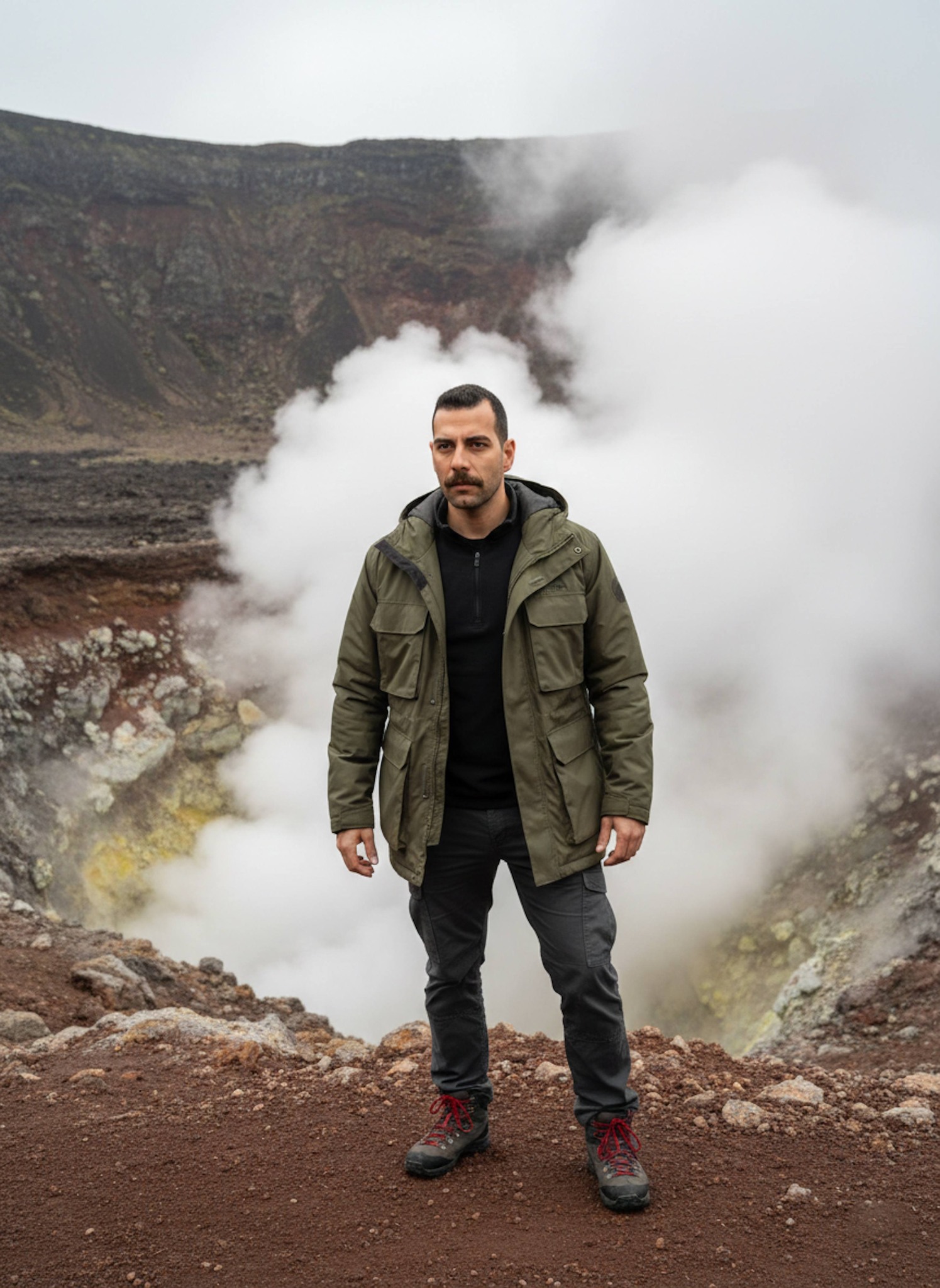 Person in olive parka at volcanic crater in Azores with rising geothermal steam