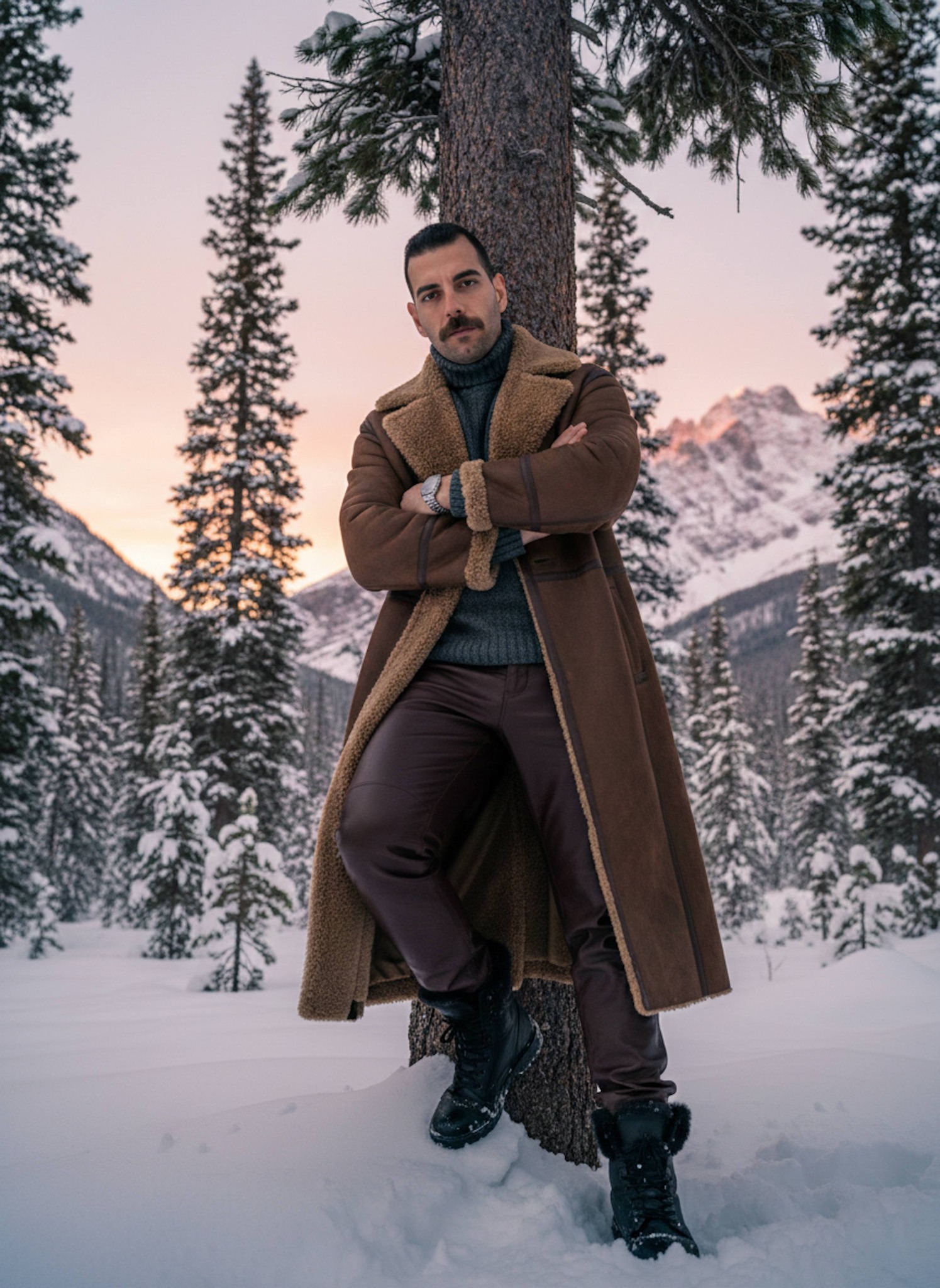 Person in shearling coat in snowy Canadian Rockies forest with pink sunrise light on trees