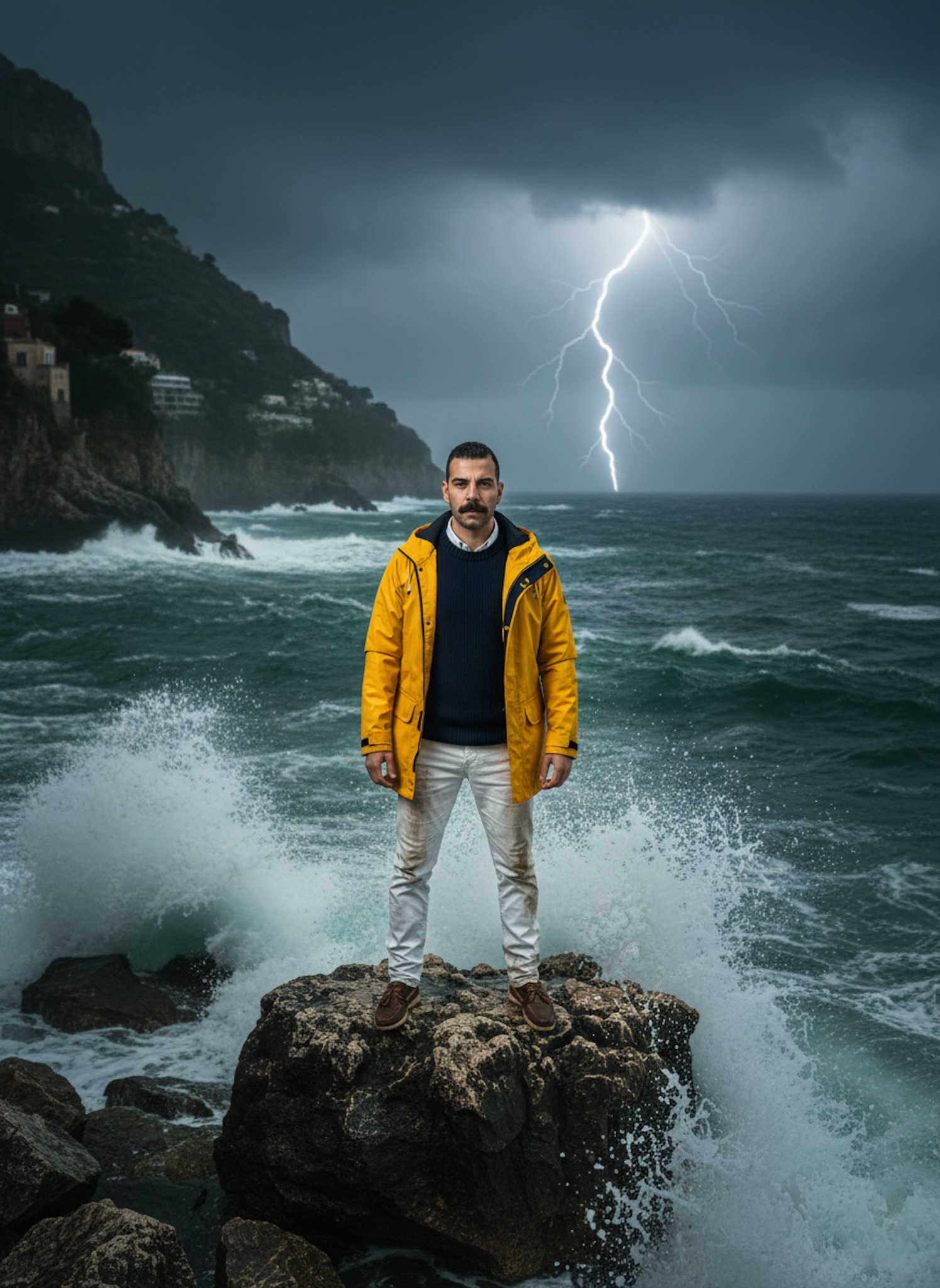Person in yellow sailing jacket on Amalfi Coast cliffs with crashing waves and lightning