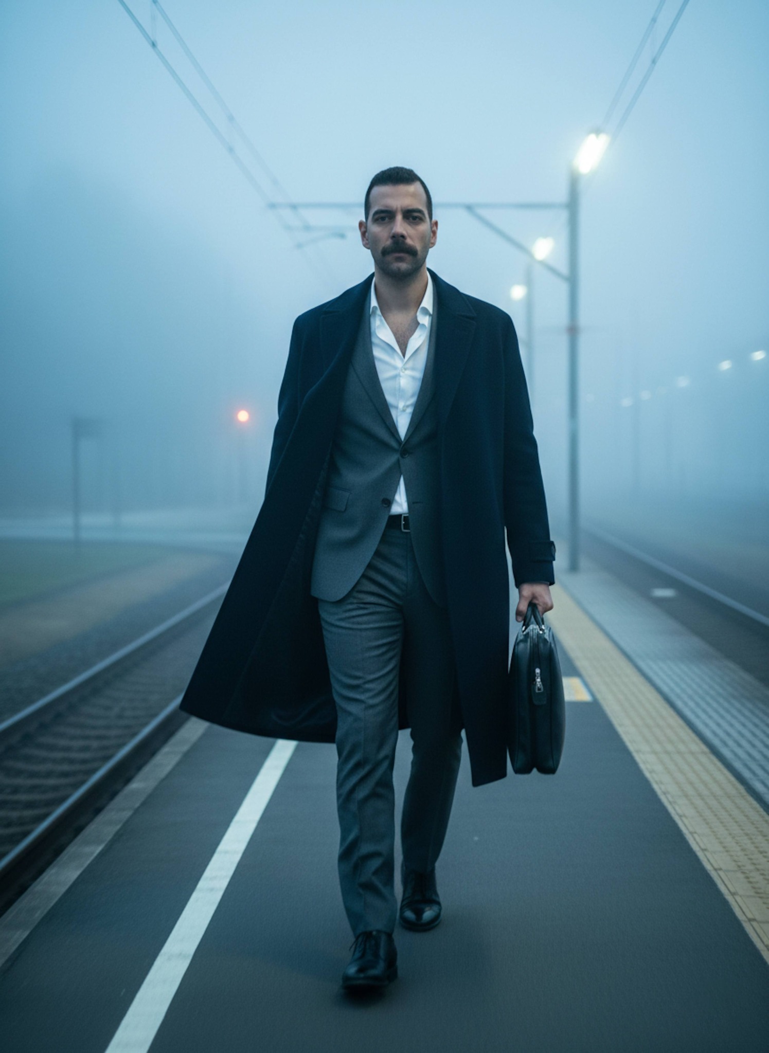 Person in navy cashmere overcoat on fog-covered Japanese train platform with blurred lights