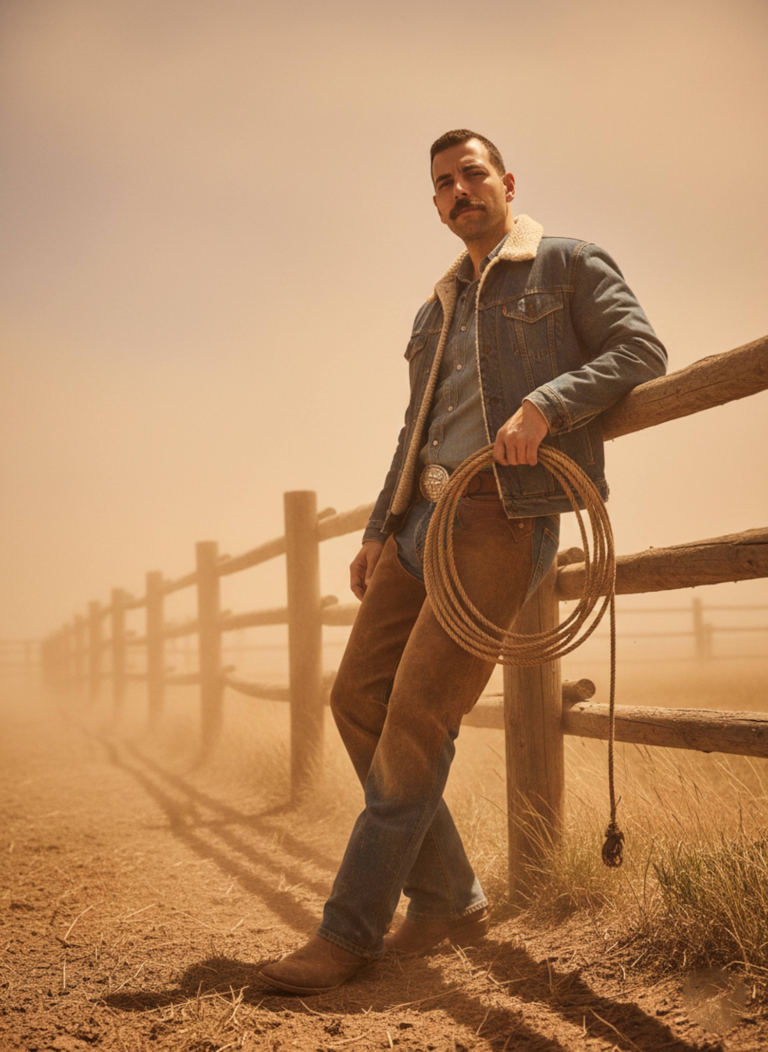 Person in denim jacket with sheepskin collar at dusty Montana ranch during windstorm